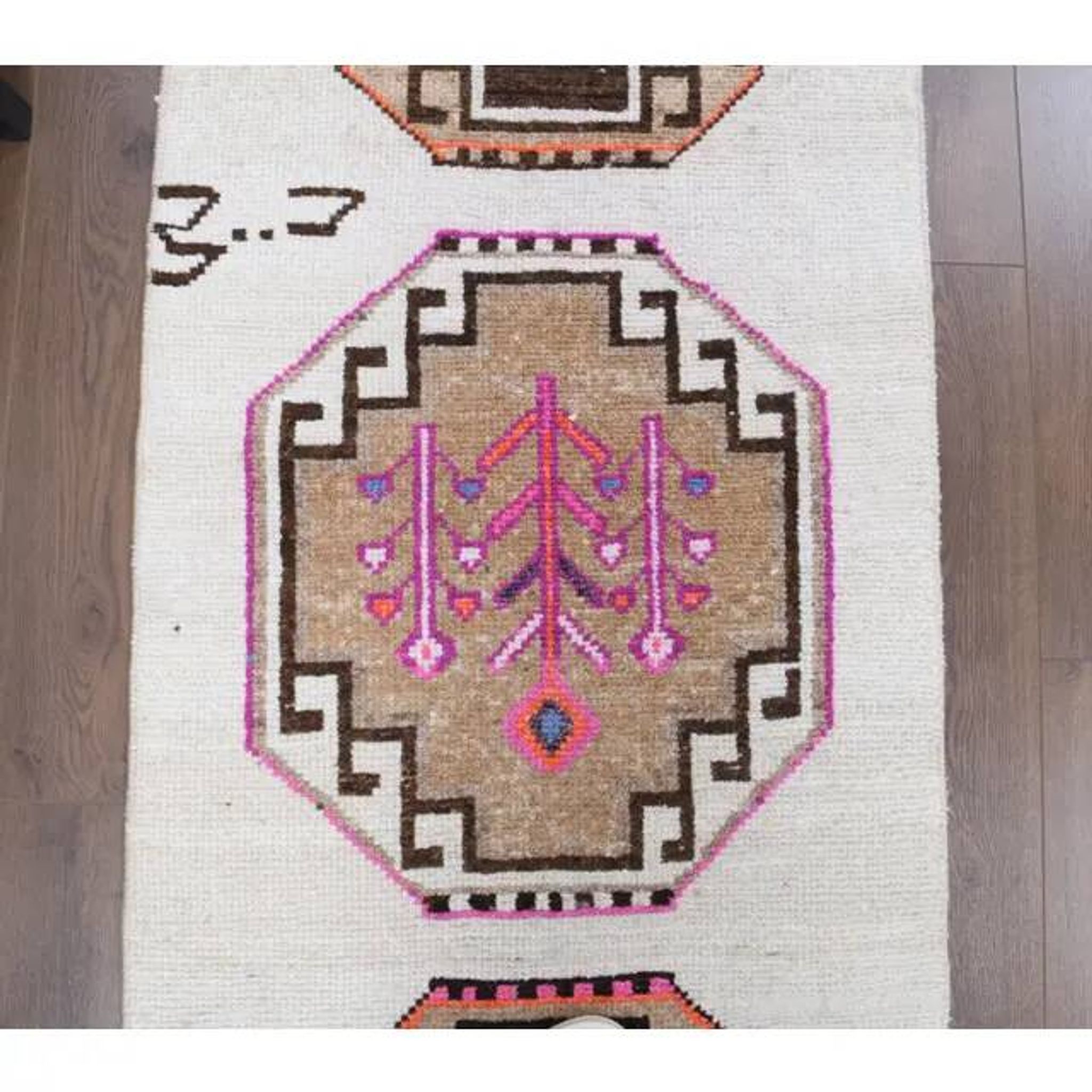 1980s Vintage Turkish Hand-Knotted Wool Cotton White Runner Rug 75x385