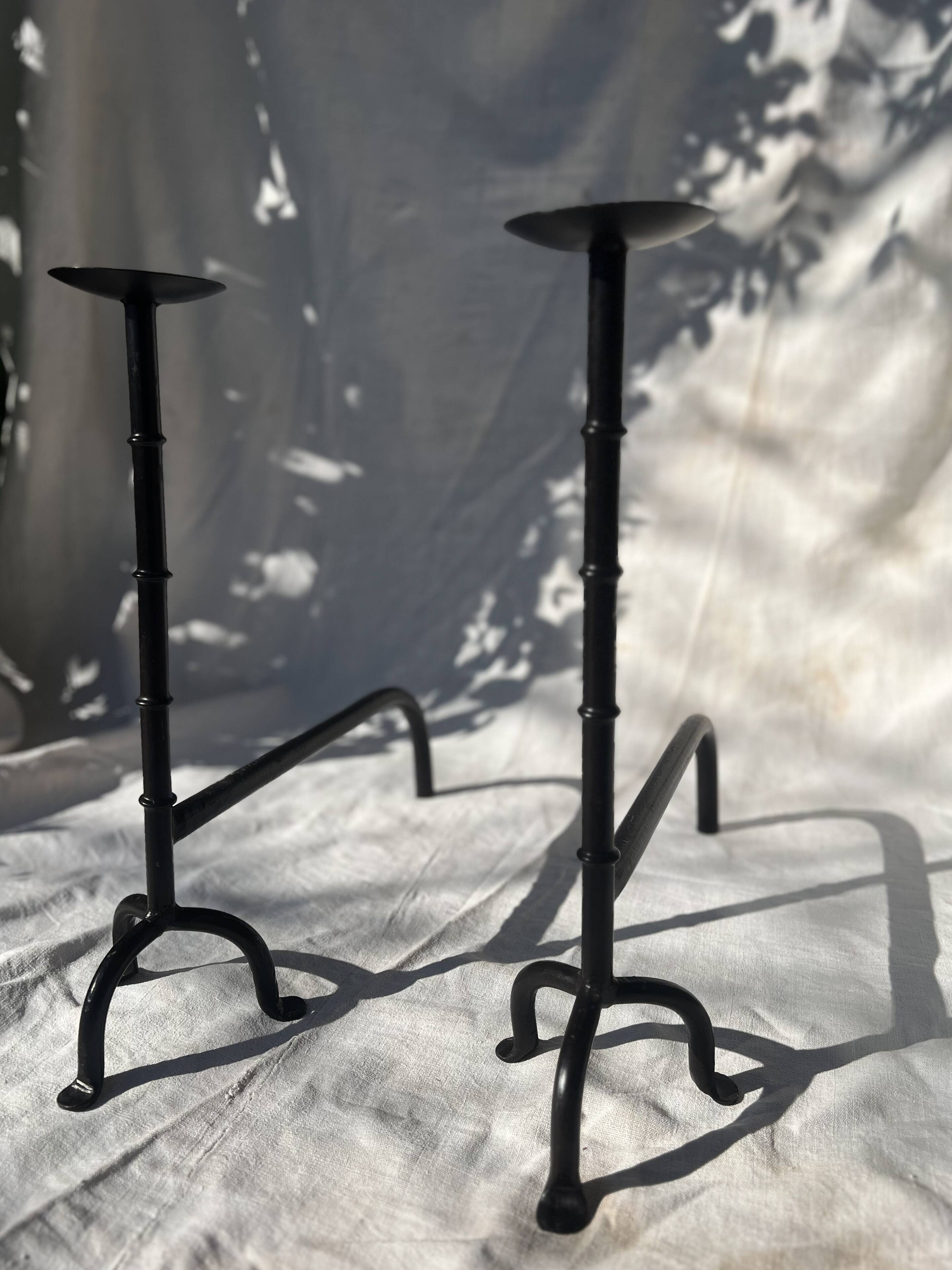 French Hand-Forged Iron Andirons, Candleholders