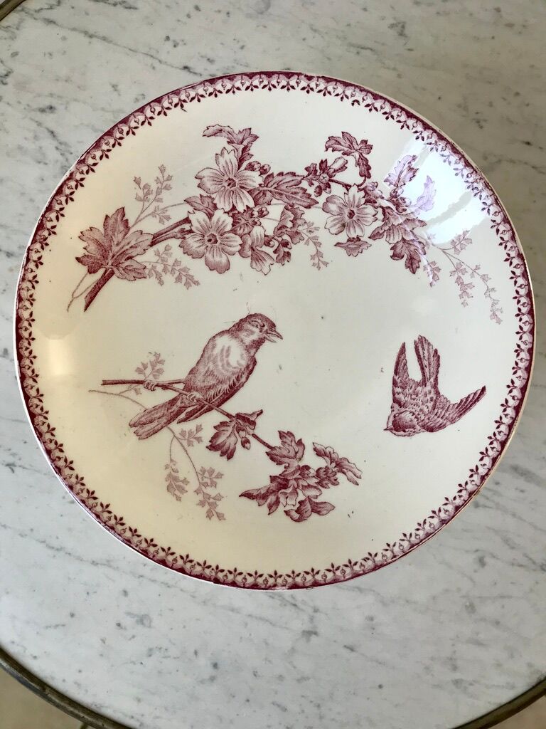 Compotier high in Terre de Fer Longwy model "Mésange" pink 1880 - XIXth