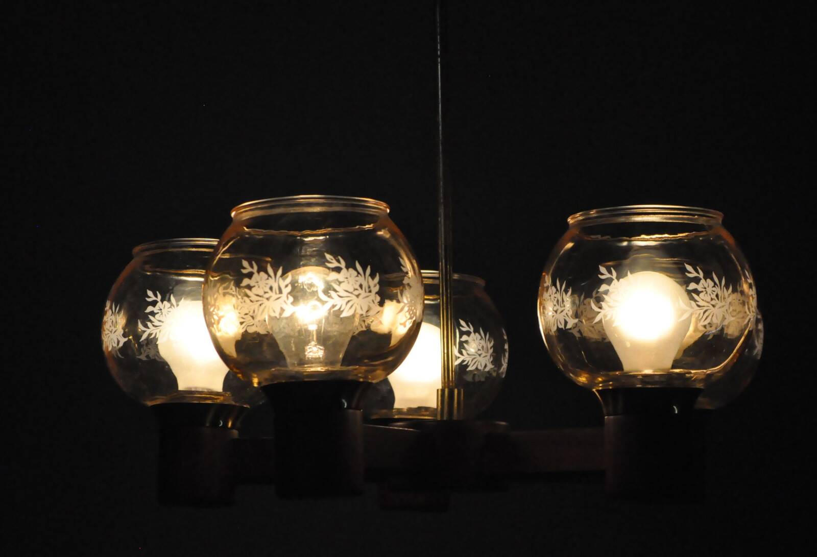 Scandinavian chandelier in mahogany wood and brass