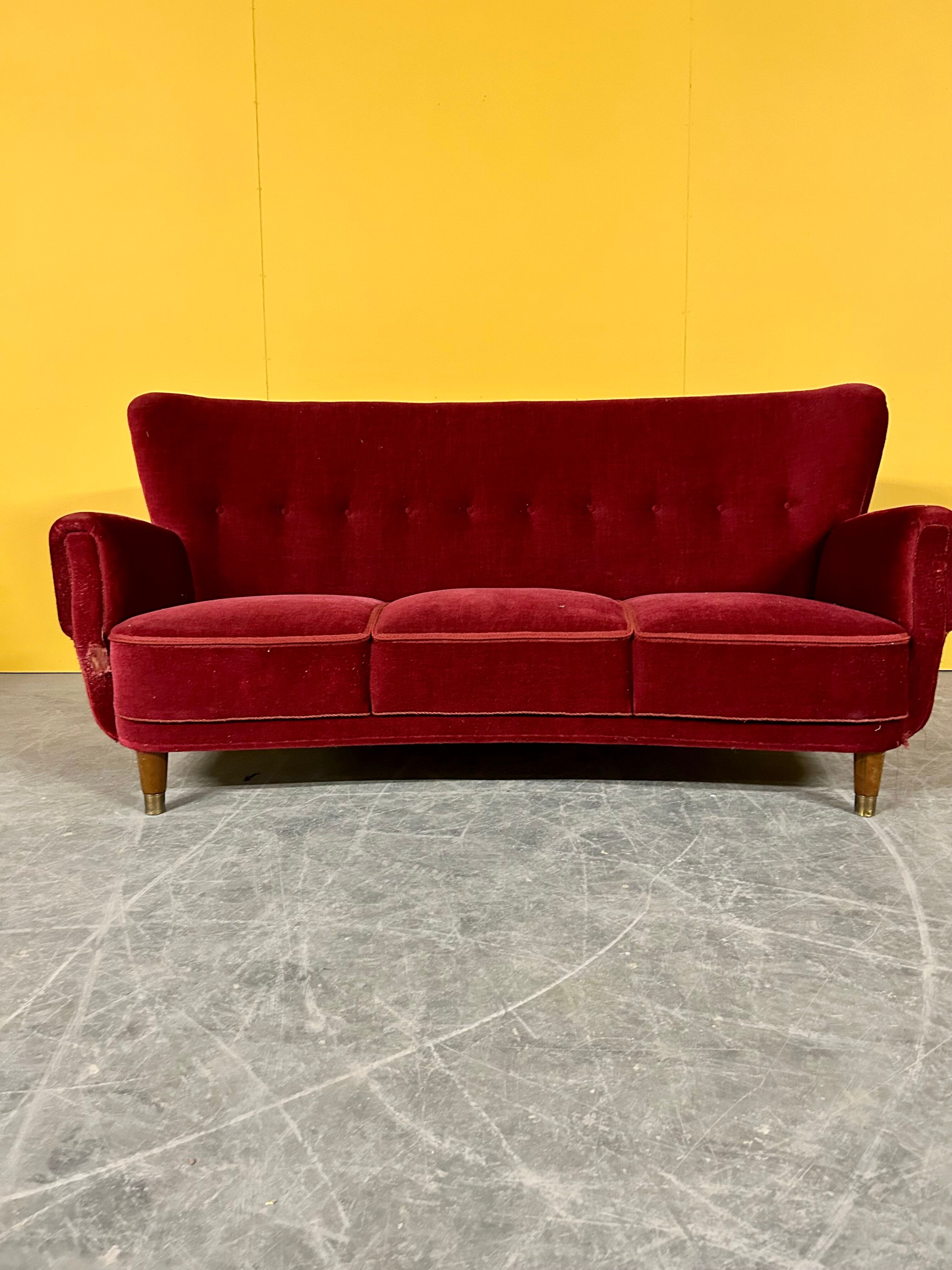 Danish 3 seater velvet curved sofa 1940s