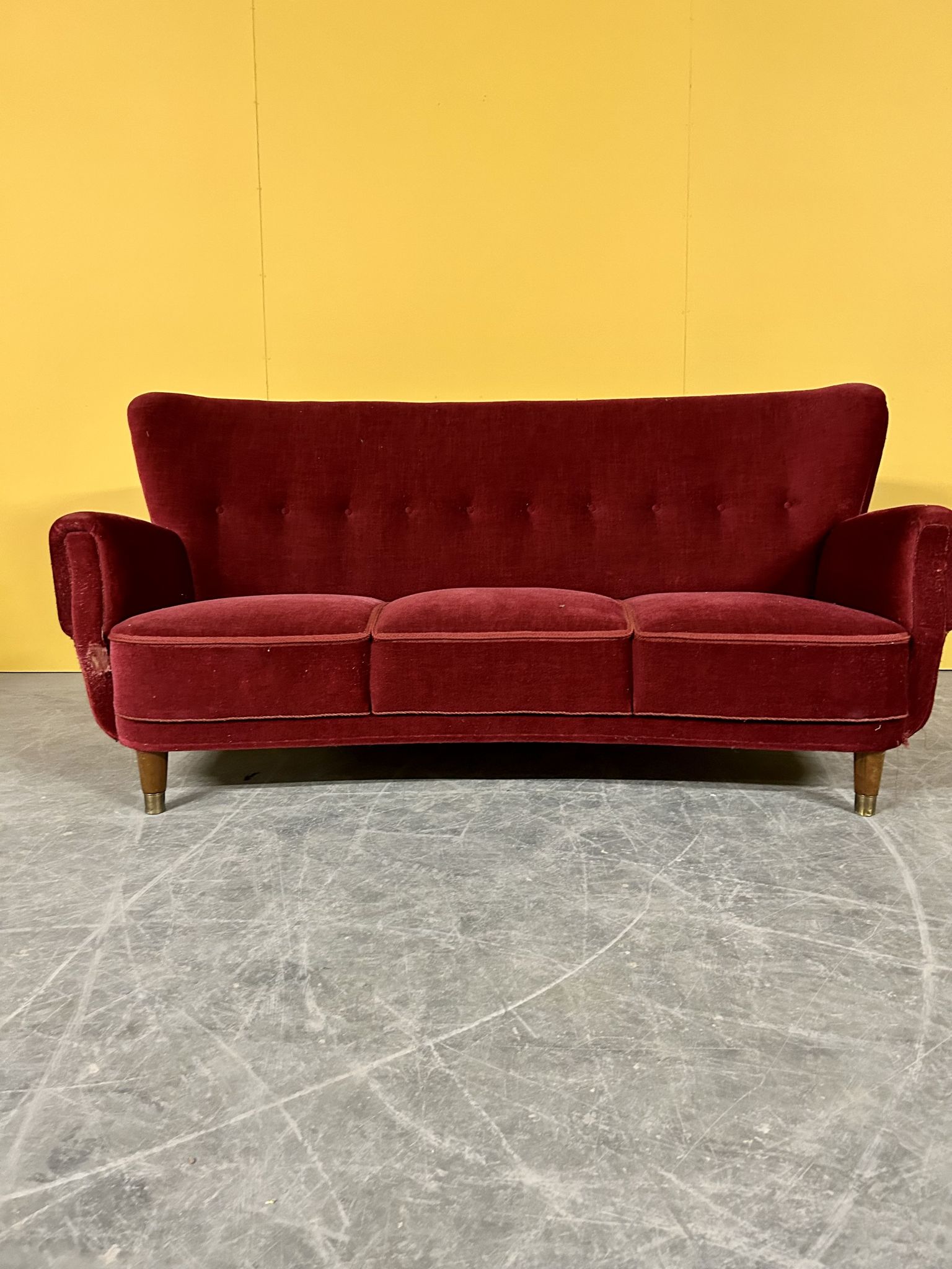Danish 3 seater velvet curved sofa 1940s