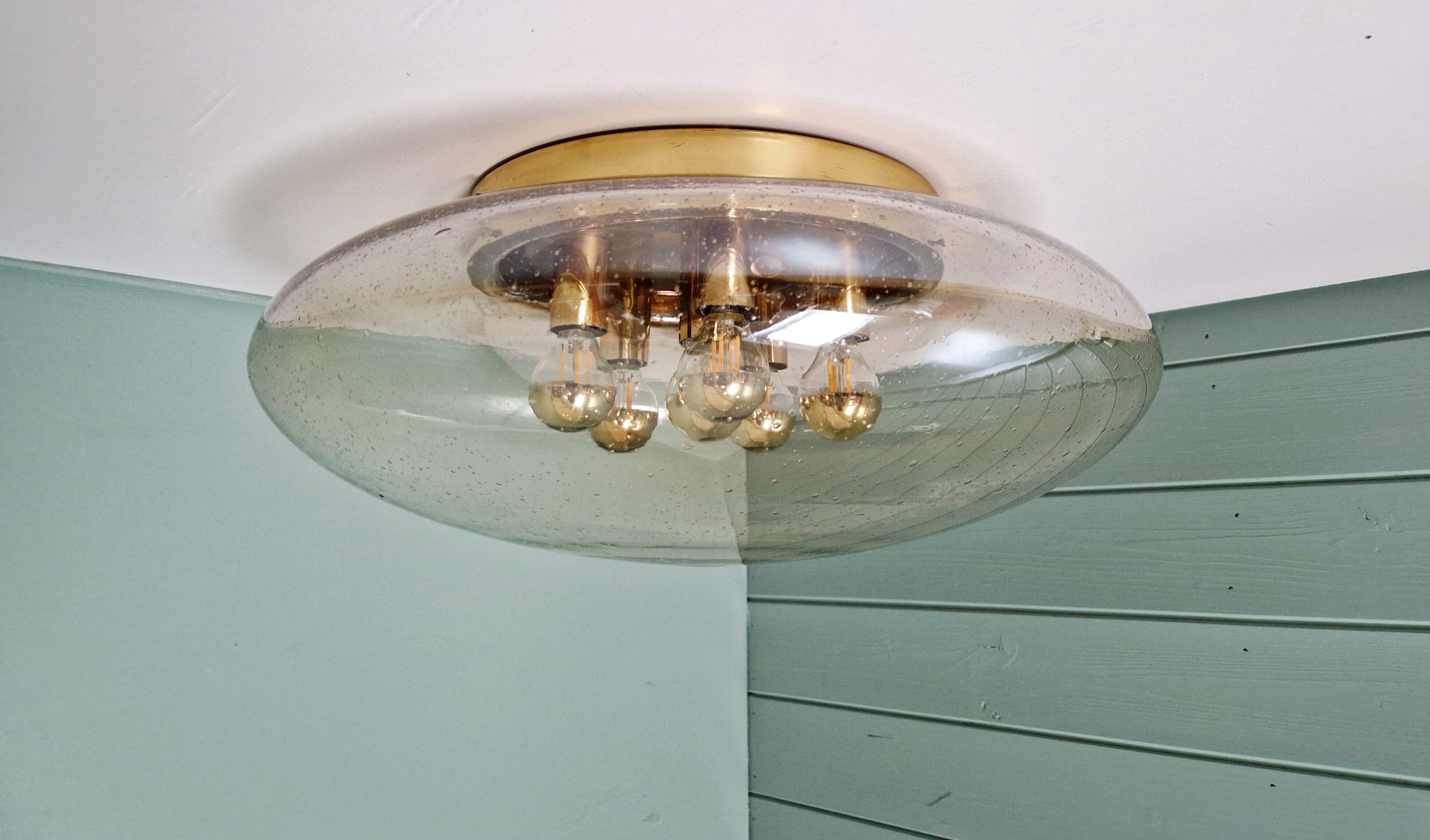 Large ceiling light in brass and blown bubble glass, Glasshütte Limburg, 1970.