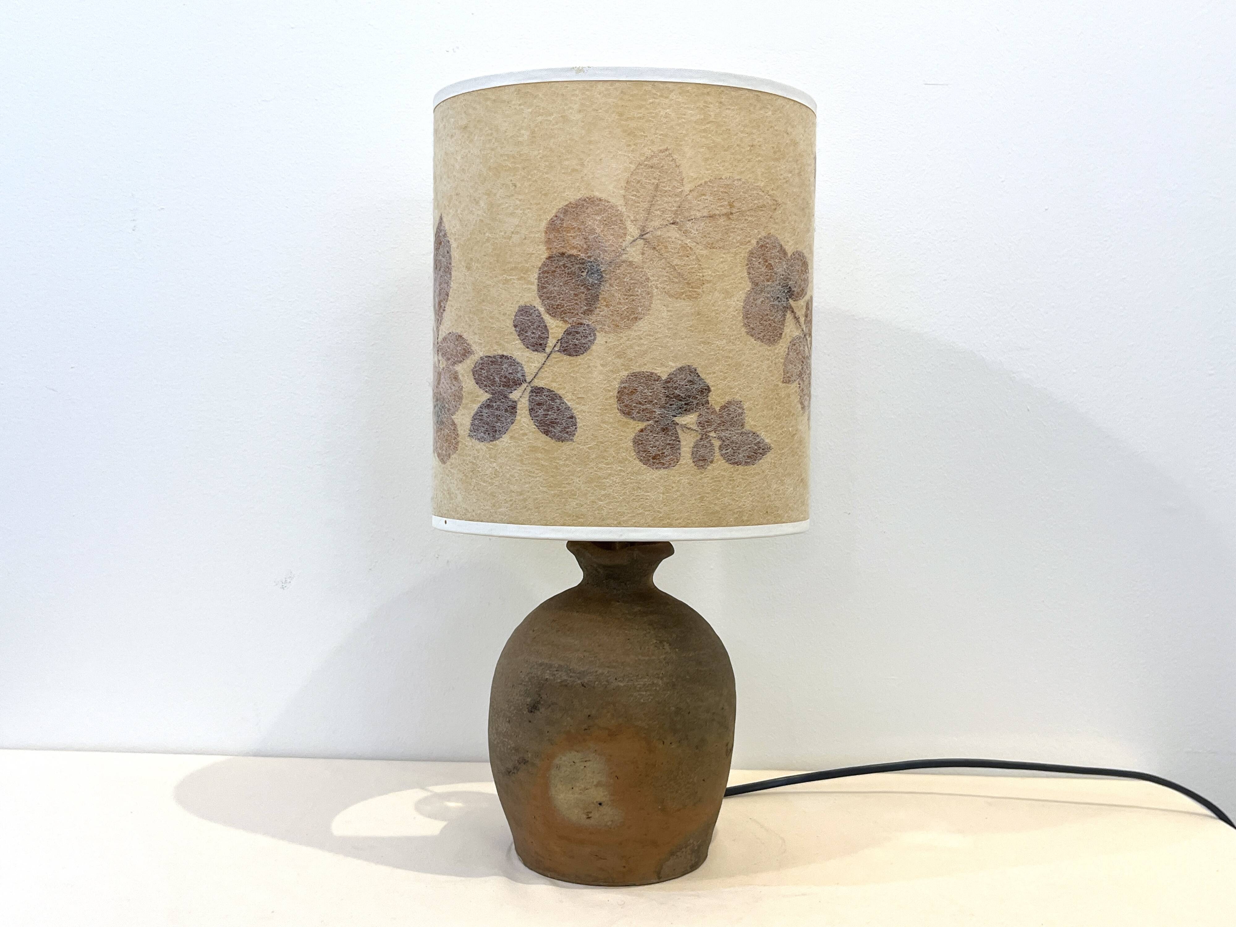 Vintage brutalist stoneware ceramic lamp base with dried flower shade