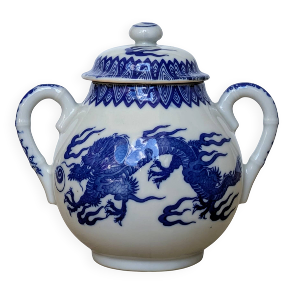Sucrier Porcelaine décor dragons à cinq griffes bleu cobalt - Japon