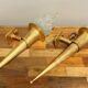 Pair of large medieval-style torchiere lamps in gilded metal