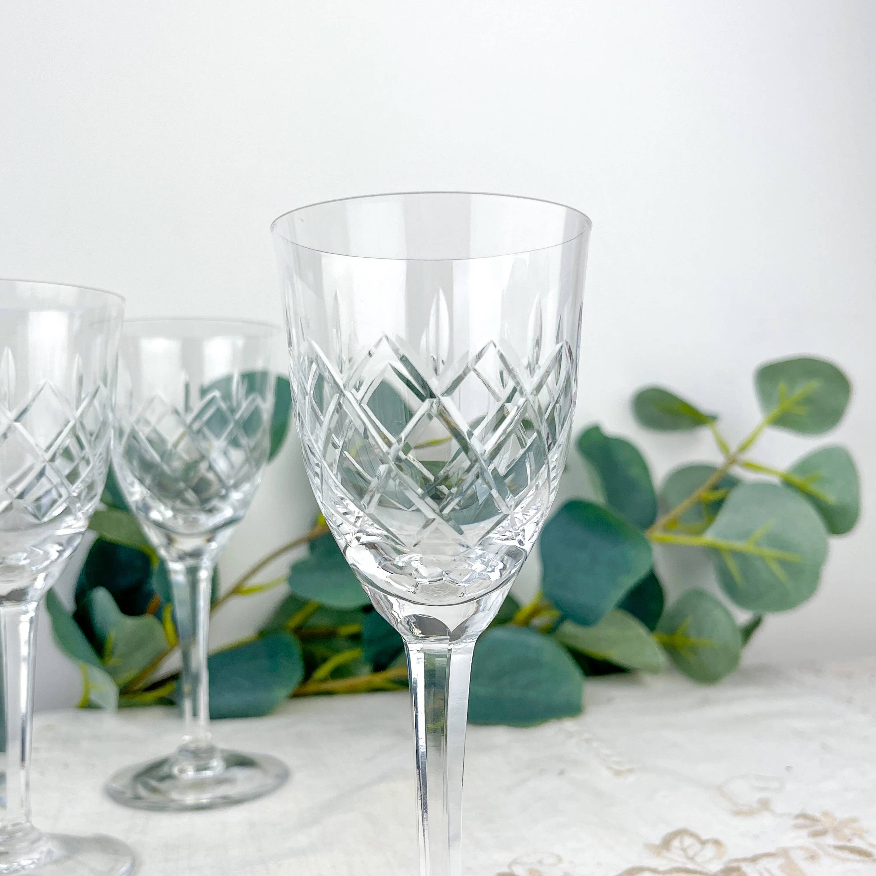 4 vintage cut crystal water glasses – Lorraine Lemberg Glassworks with original label (1950s–1970s)
