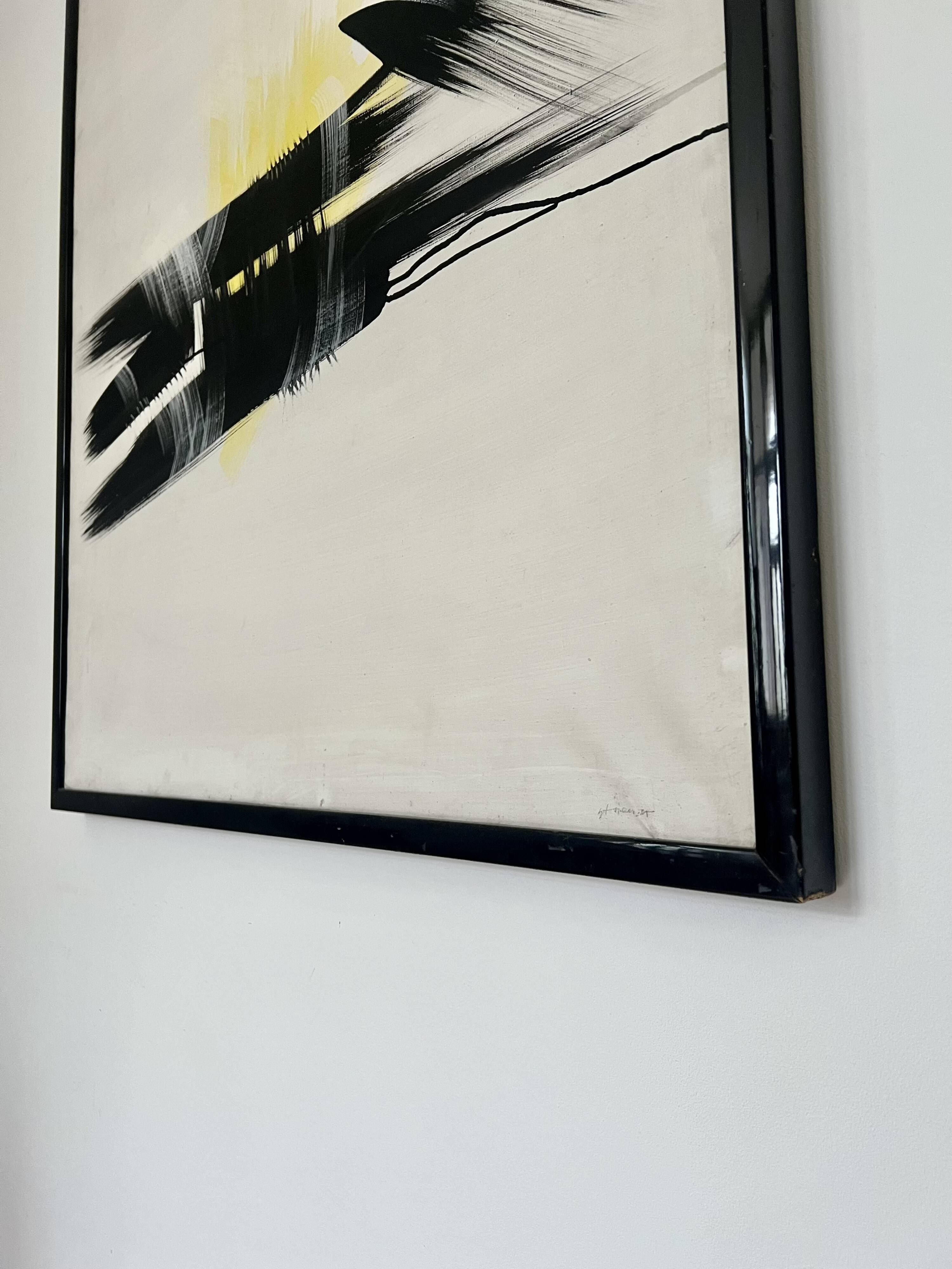 Large abstract expressionist framed painting, signed. Mid to late 20th cent
