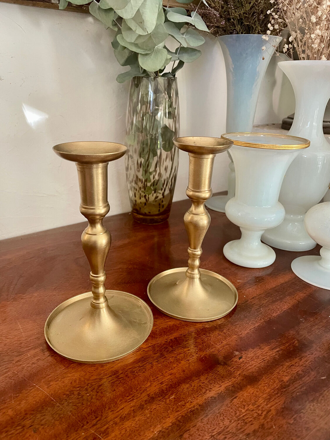 Pair of brushed brass candle holders