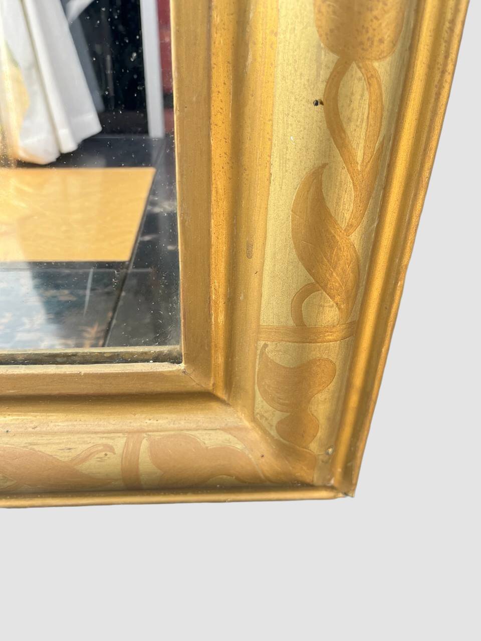 Grand miroir ancien français doré à décor floral peint