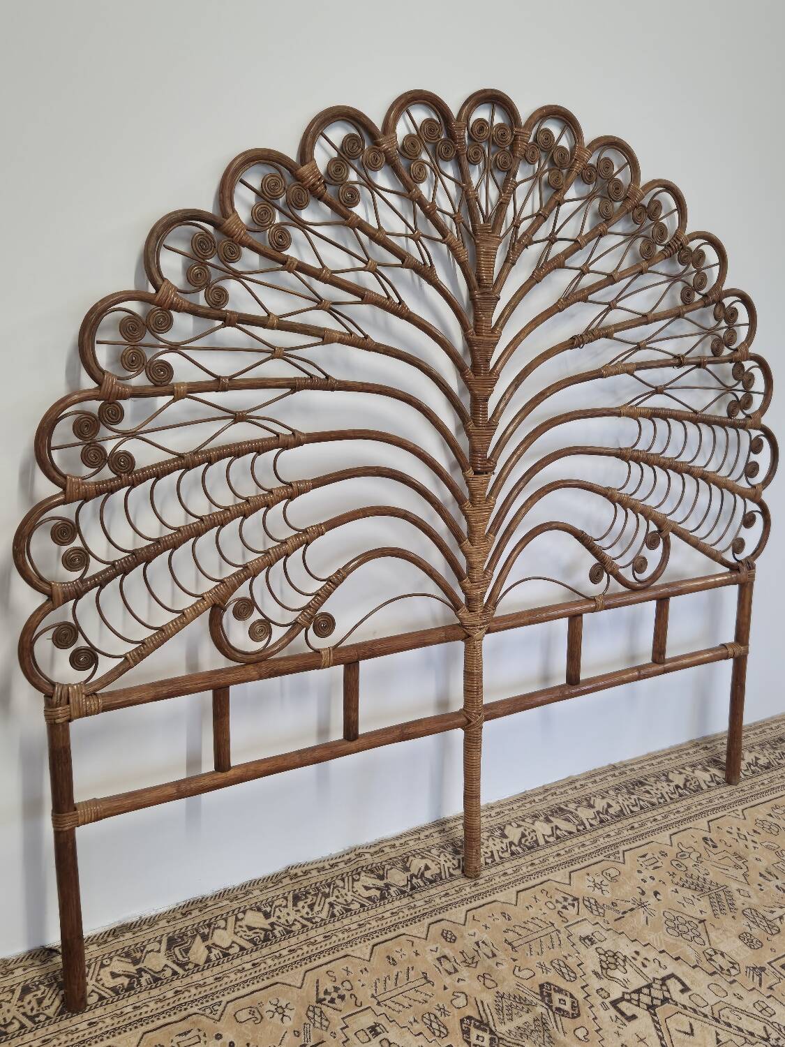 Peacock headboard in rattan Bamboo vintage 1970s