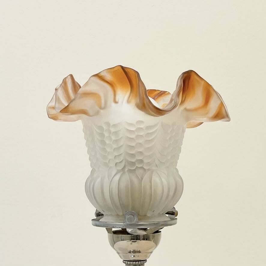 Empire chrome and opaline tulip pleated antique Art Deco bedside lamp