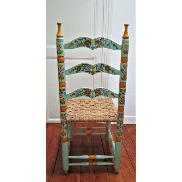 Chaise bois peint fleurs folk art patinée assise paille tressée | Selency