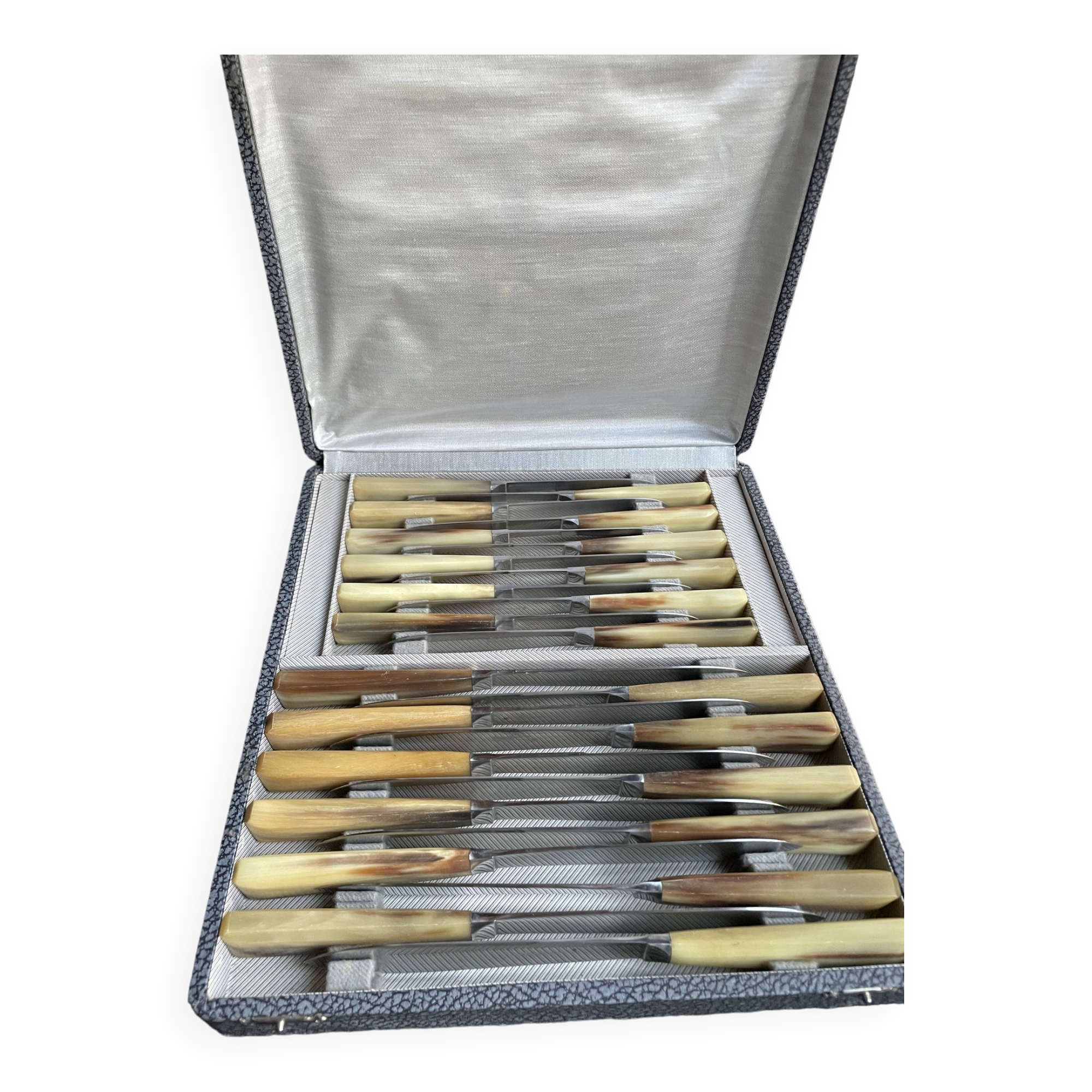 Box of 12 large and 12 small horn handle knives – Art Deco