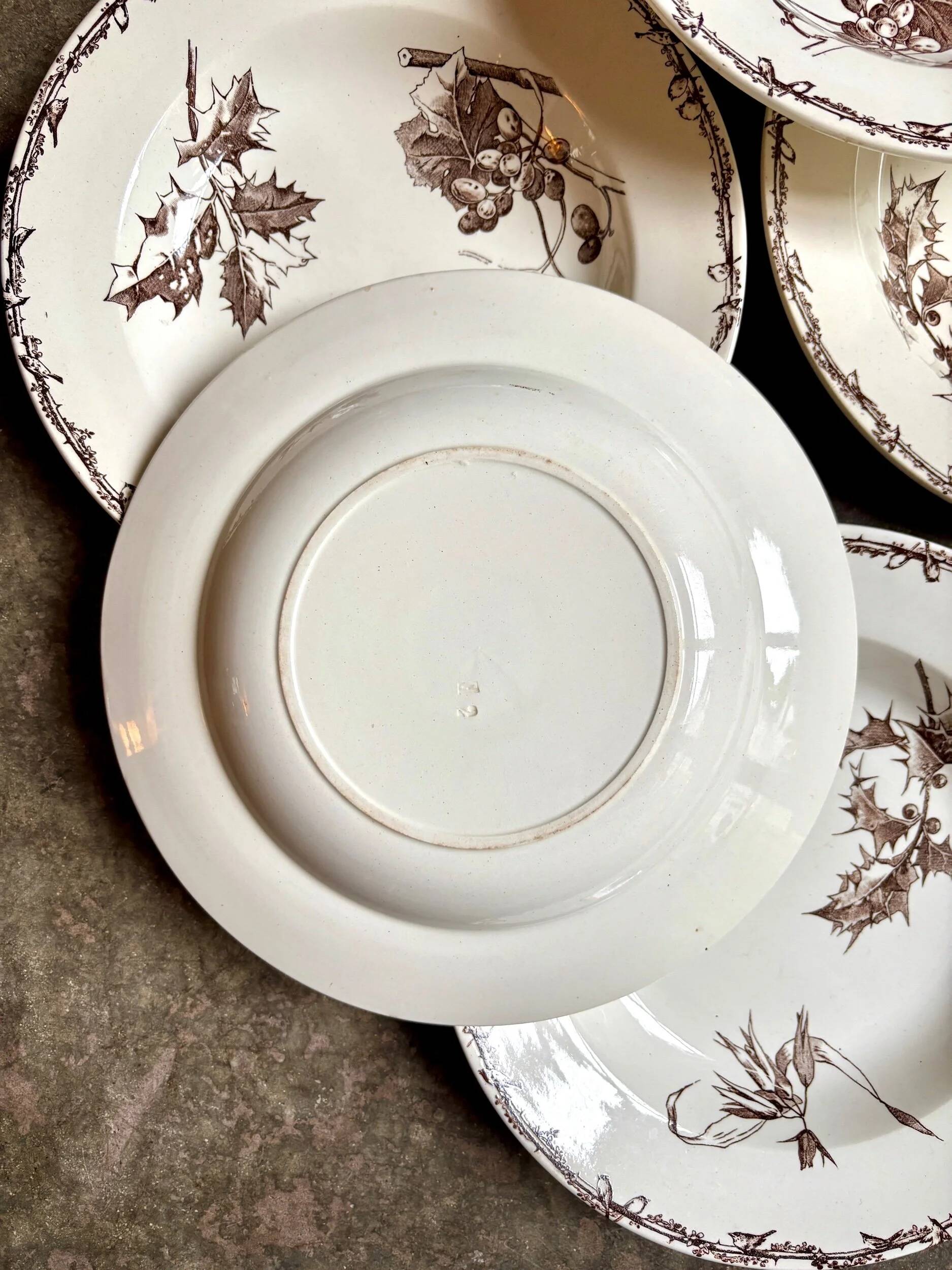 6 HB & Cie brown ironstone soup plates