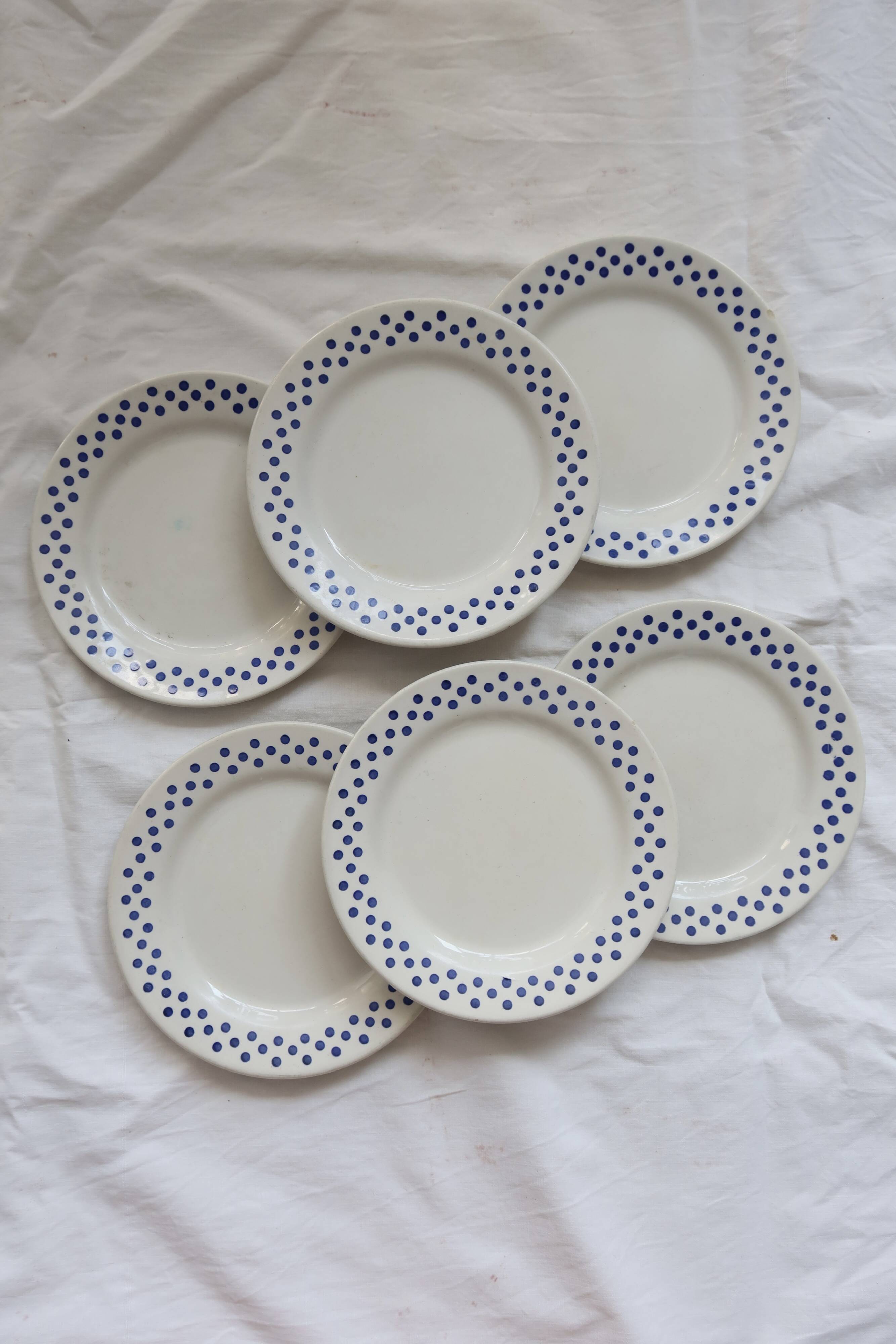 6 Vintage Oxford Earthenware Dessert Plates - Blue Polka Dot Pattern