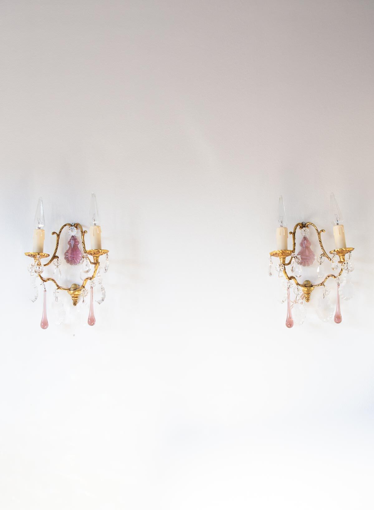 Pair vintage brass wall lamps and tassels