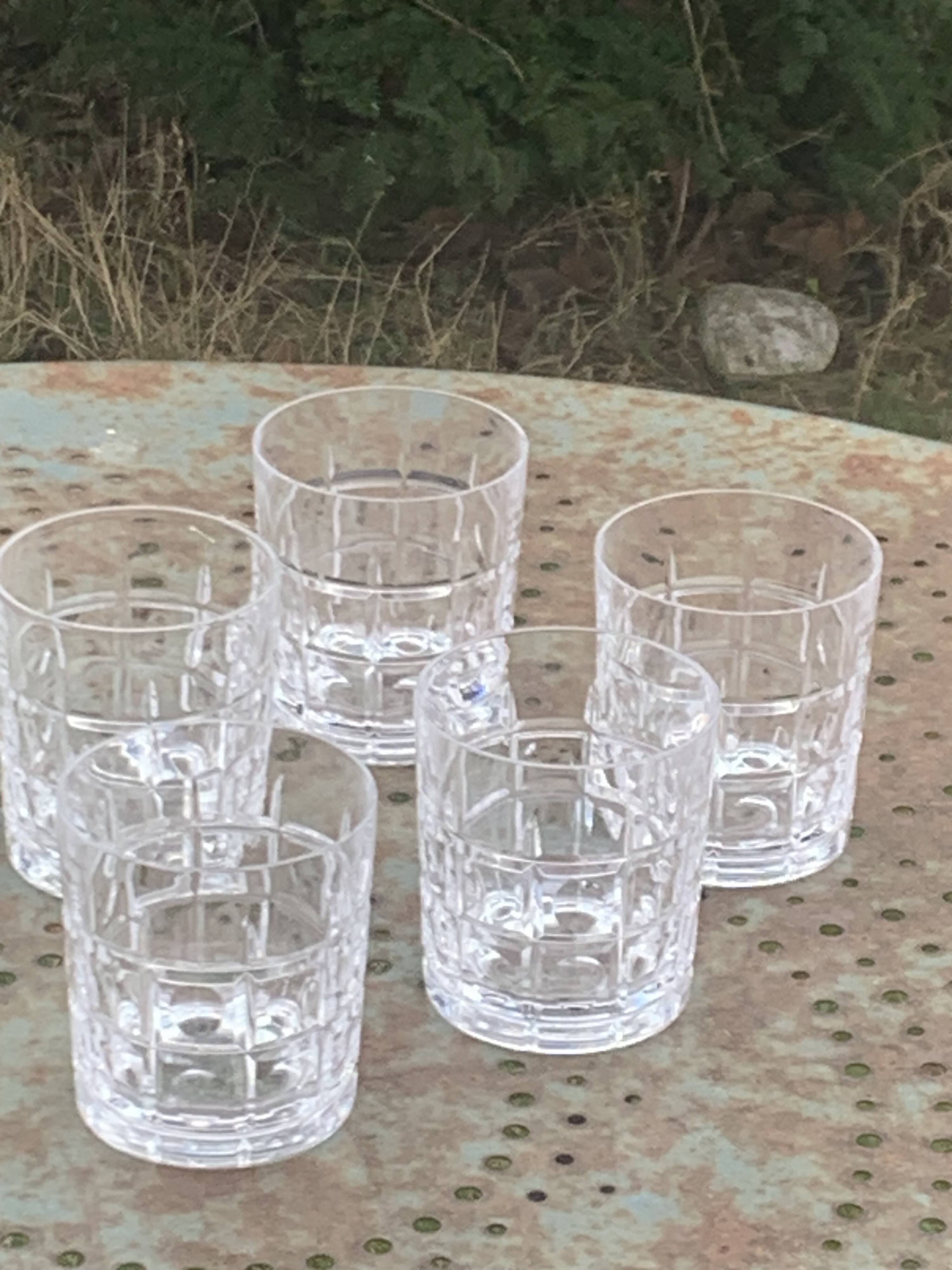 5 whisky glasses, Cristal Bayel stamps, transparent crystal with patterns