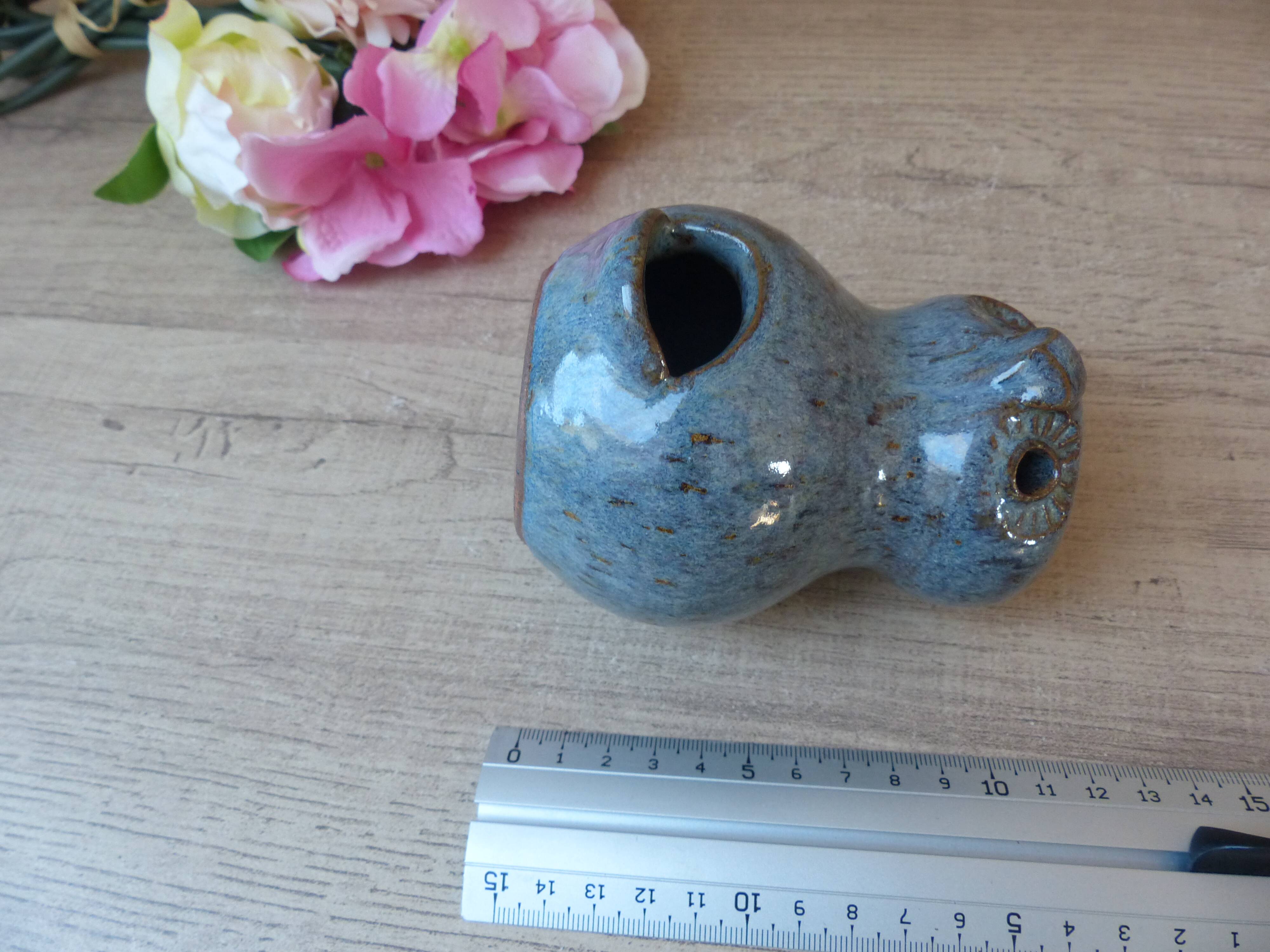 Owl figurine in blue sandstone ceramic, zoomorphic owl in vintage pottery
