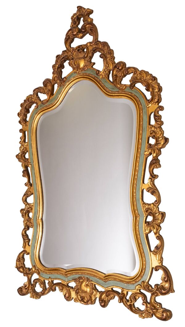 Miroir biseauté de style Louis XV baroque doré avec étiquette ''Brevete'', années 1950.