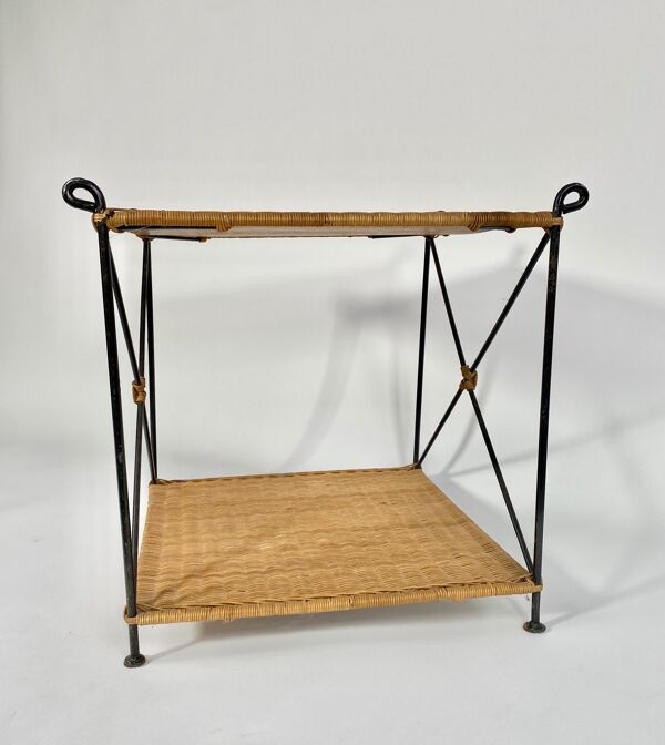 Table basse en fer forgé et osier tressé années 50-60