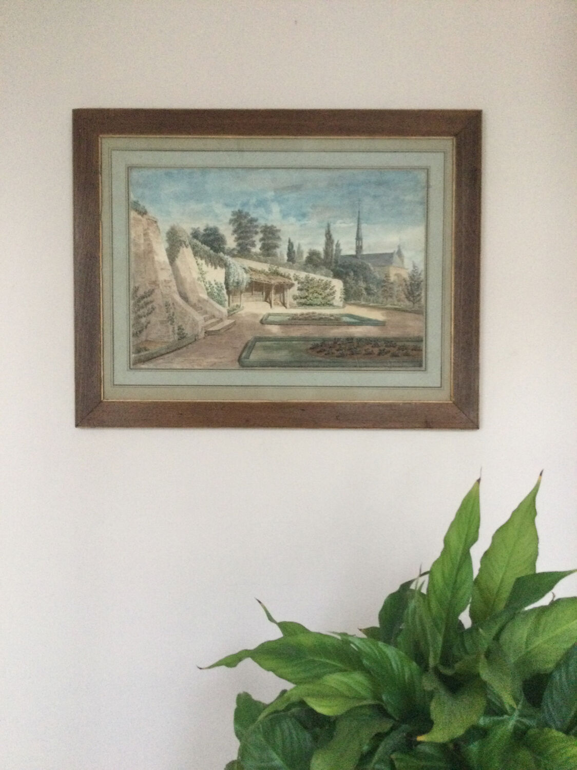 The garden of the abbey. Watercolour 19th century monogrammed.