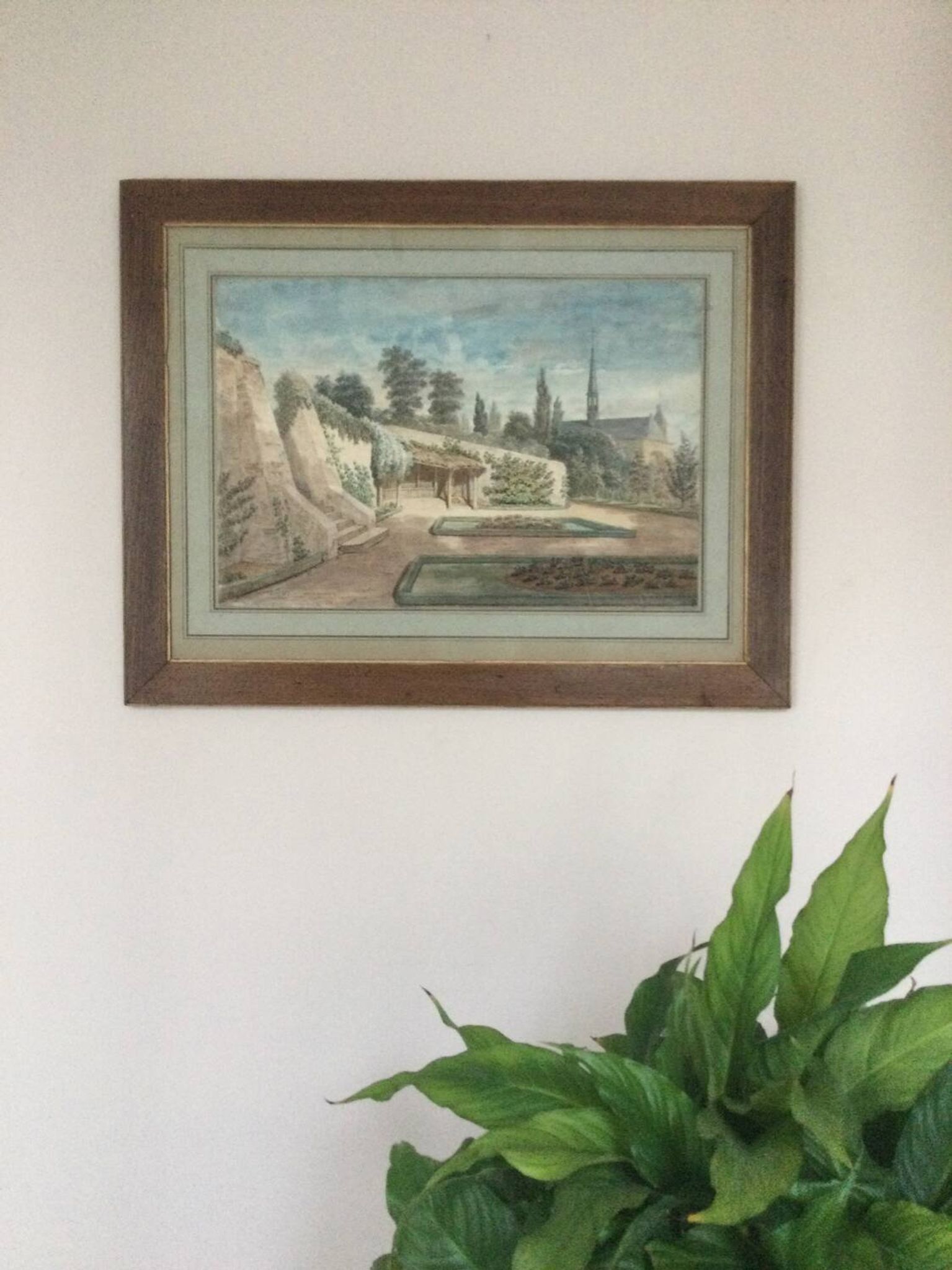 Le jardin de l’abbaye.Aquarelle XIXe monogrammée