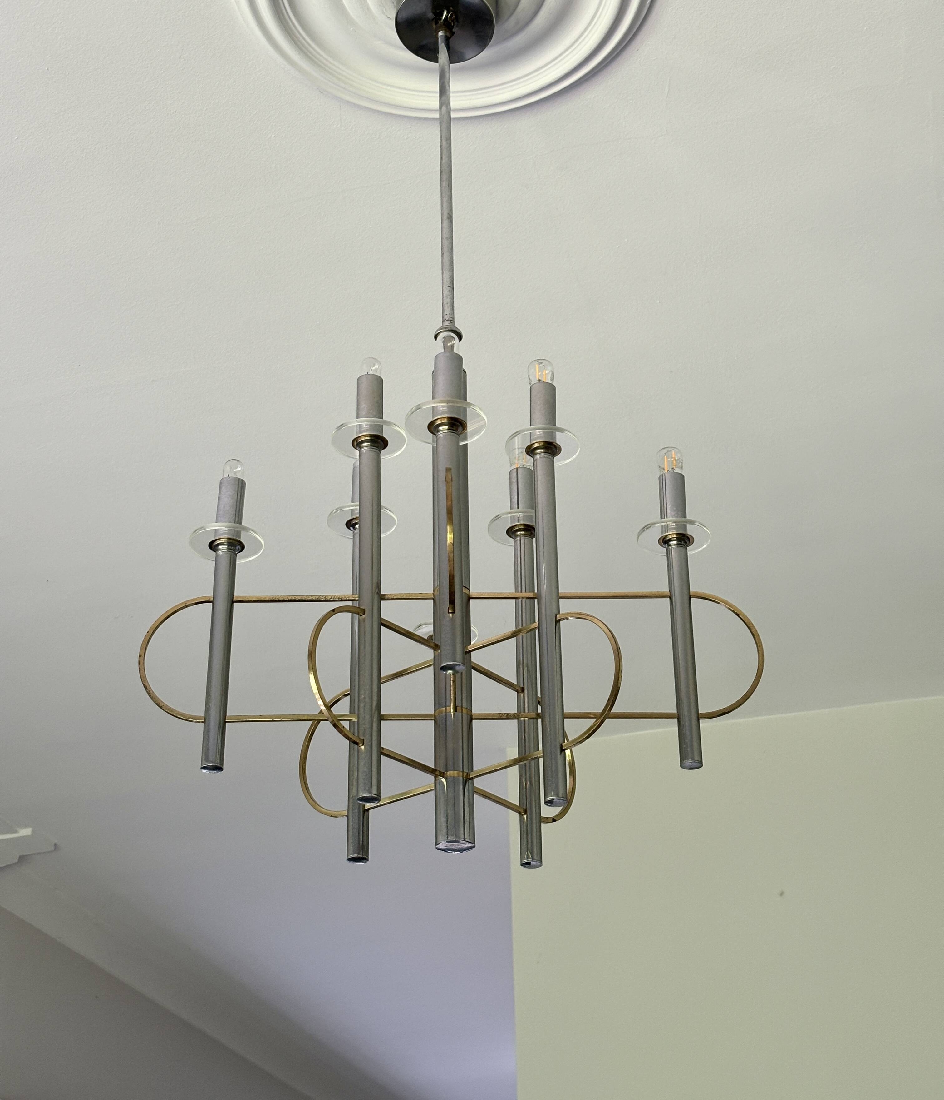 Brass and Chrome Sputnik Chandelier by Sciolari, Italy, 1960s