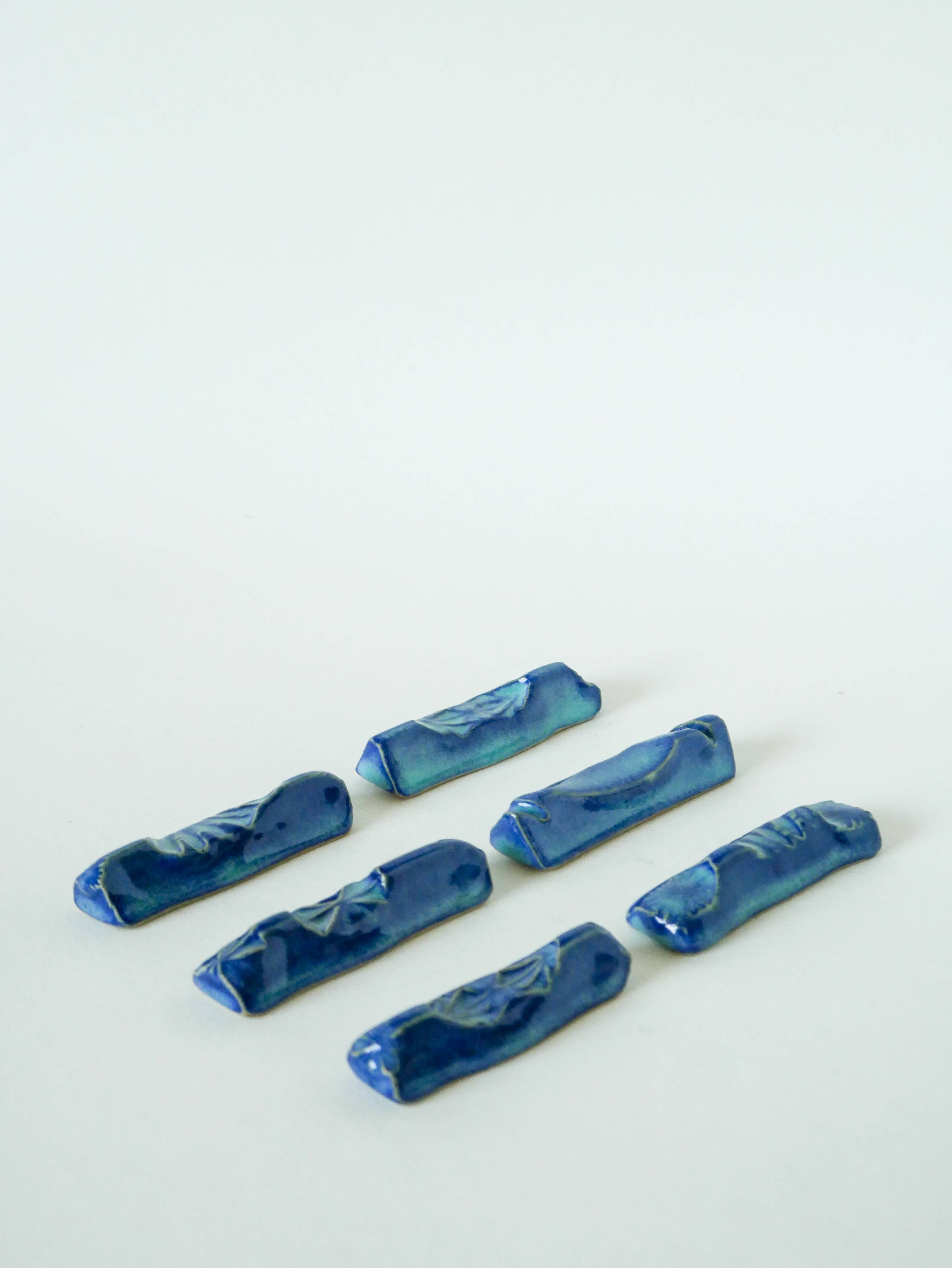 Set of 6 ceramic knife holders, handcrafted, Blue, 1970