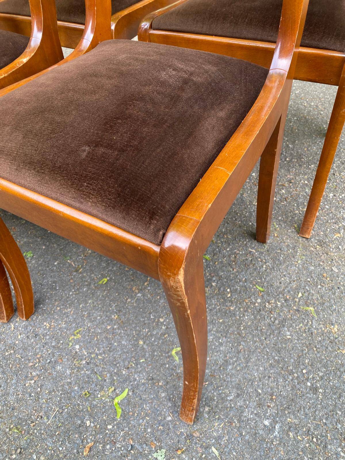 6 Louis Philippe dining chairs in solid wood and brown velvet.