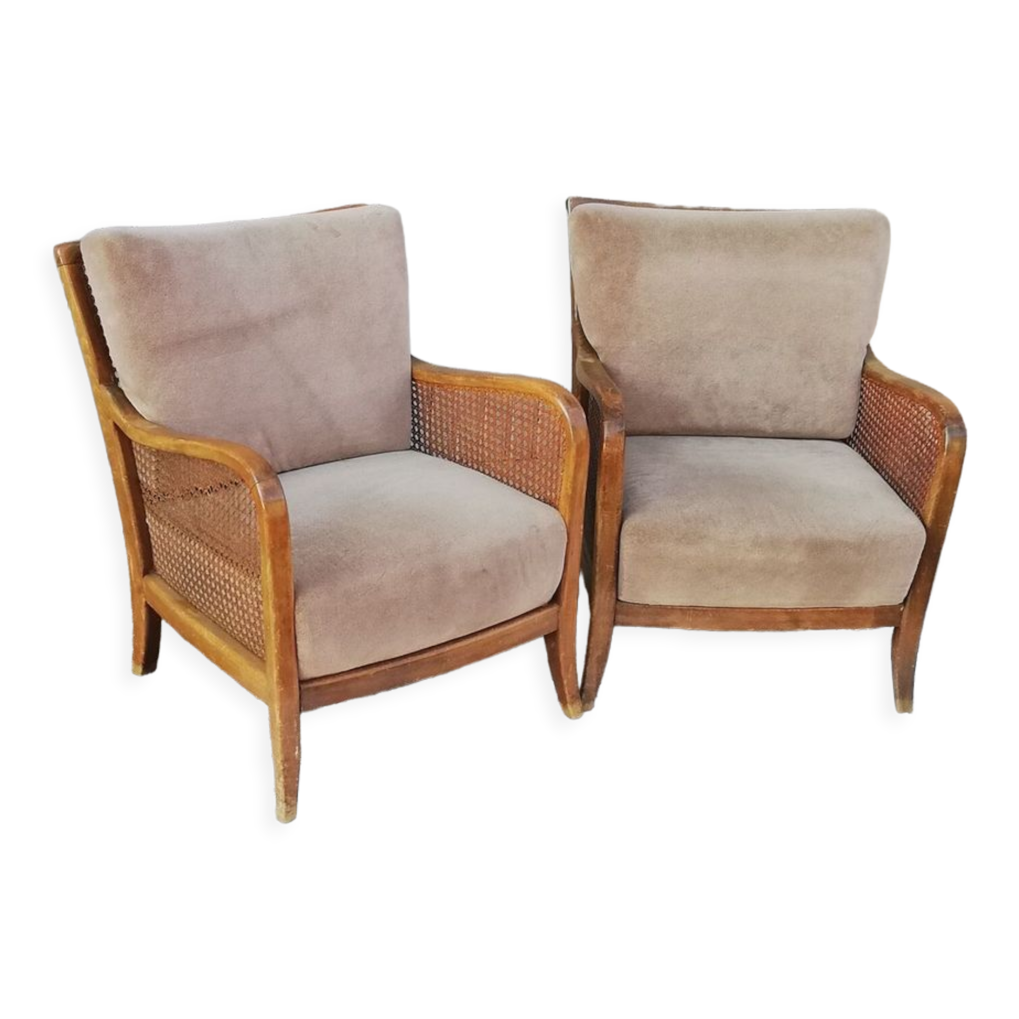 Pair of vintage cannage and fabric armchairs