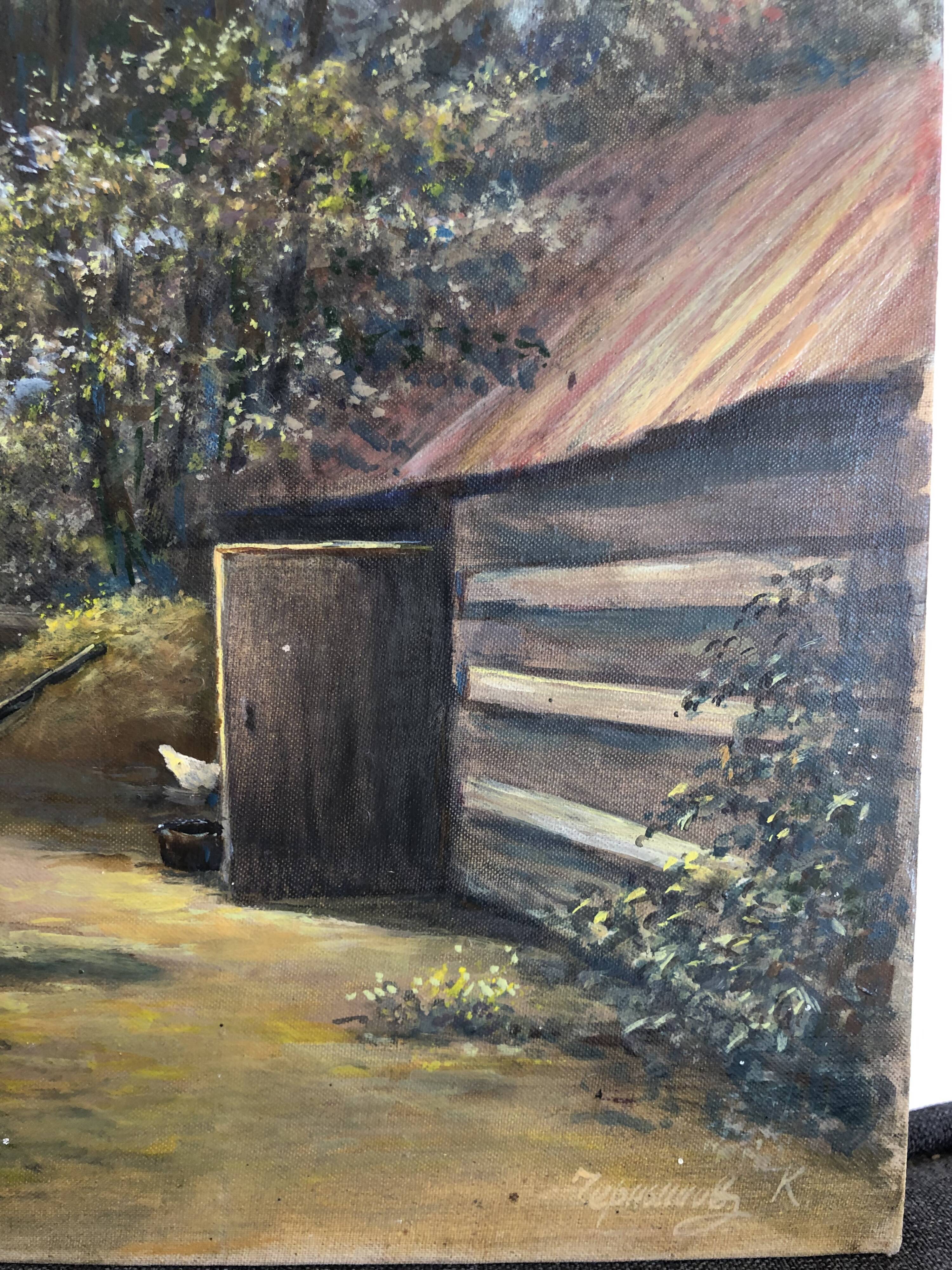 Oil on cardboard picturesque Russian stage