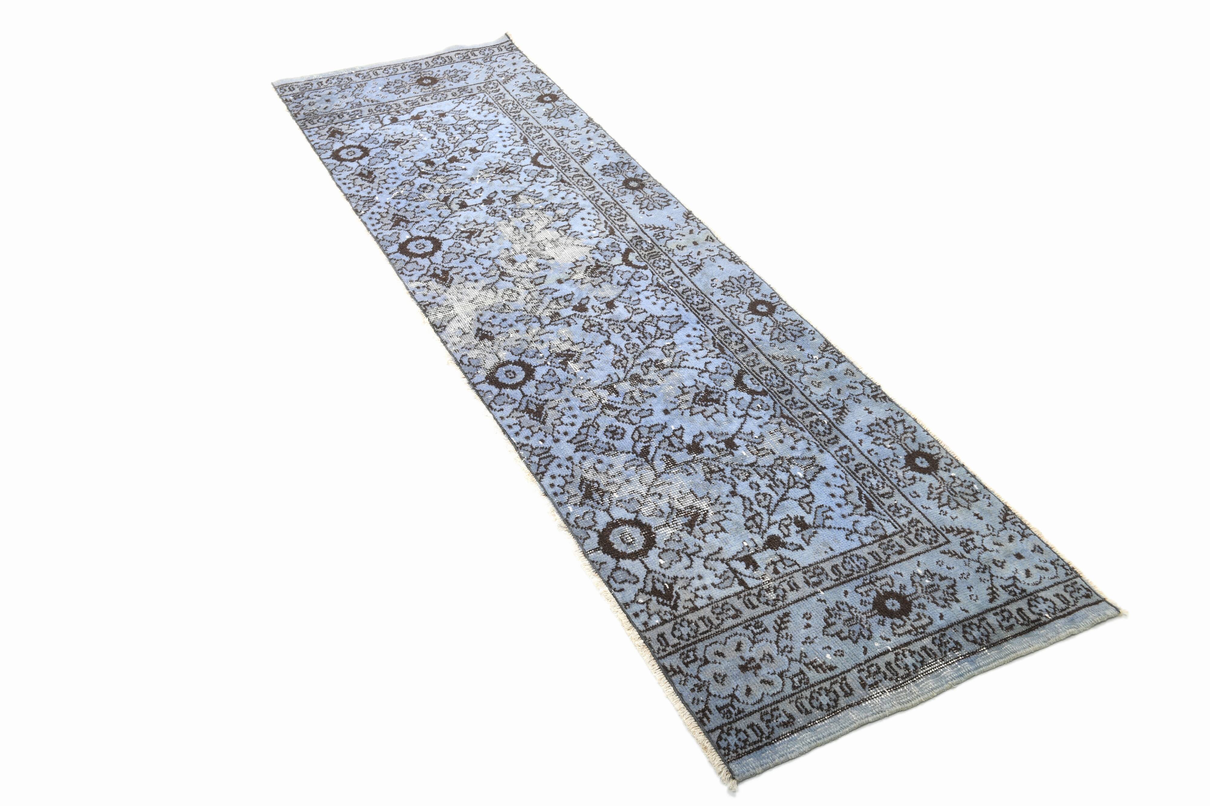 Turkish All-Over Floral Light Blue Vintage Runner Rug, 61x207Cm