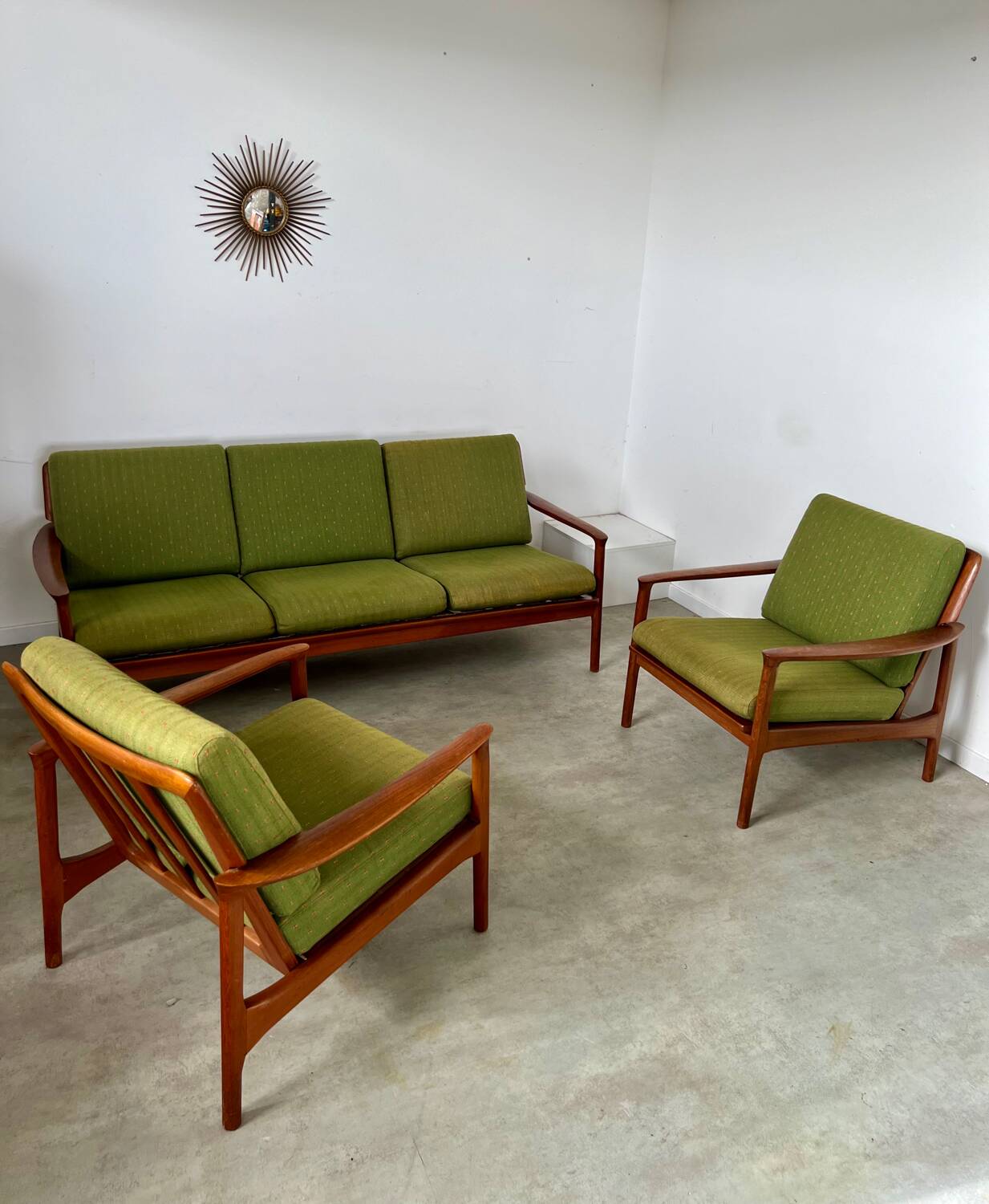 Living room set sofa armchair coffee table Scandinavian design 60s Swedish vintage teak