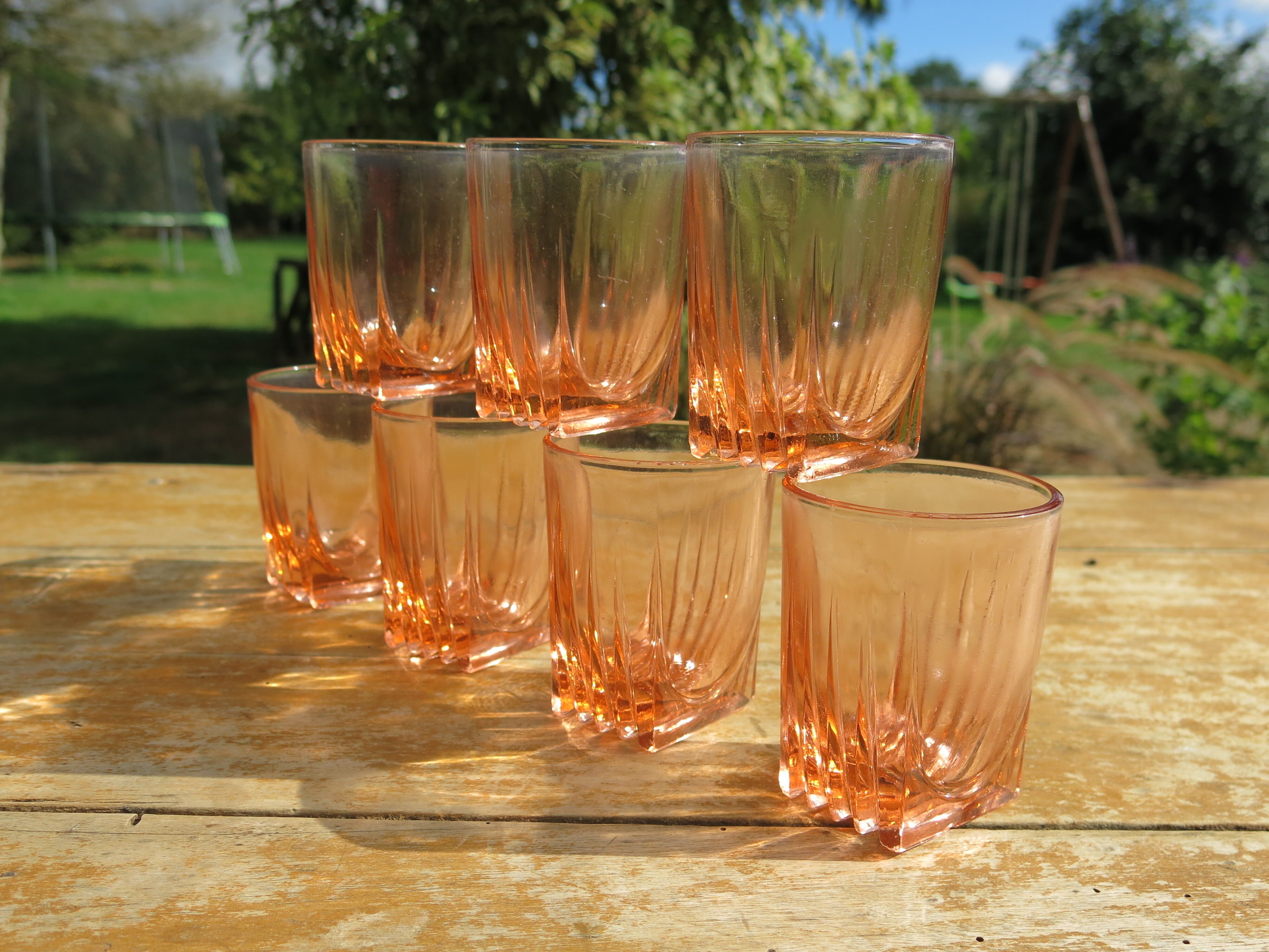 7 vintage pink water glasses