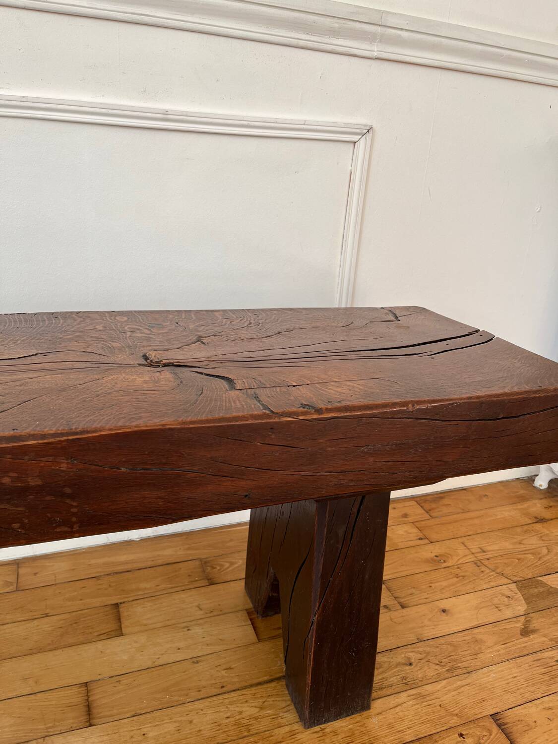 Brutalist Folk Art Bench Solid Oak