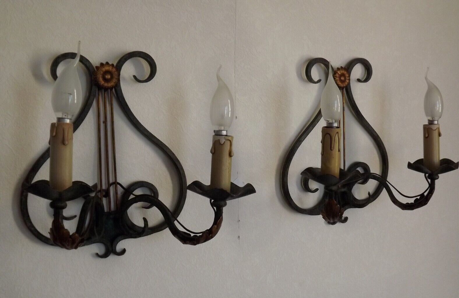 Pair of old antique French double lyre shape green wrought iron wall sconces