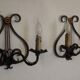 Pair of old antique French double lyre shape green wrought iron wall sconces