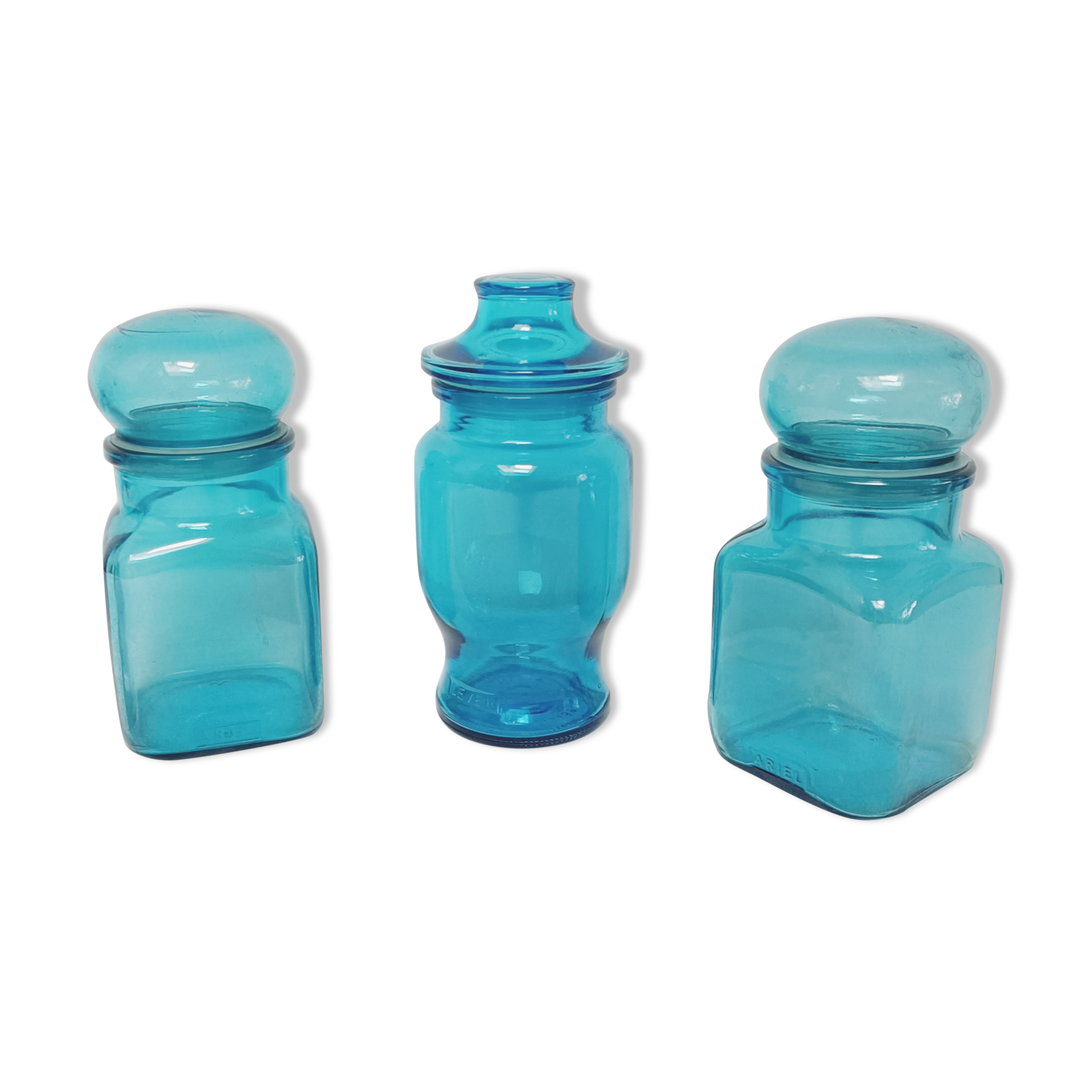 Set of 3 blue glass apothecary jars