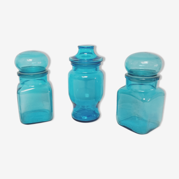 Set of 3 blue glass apothecary jars