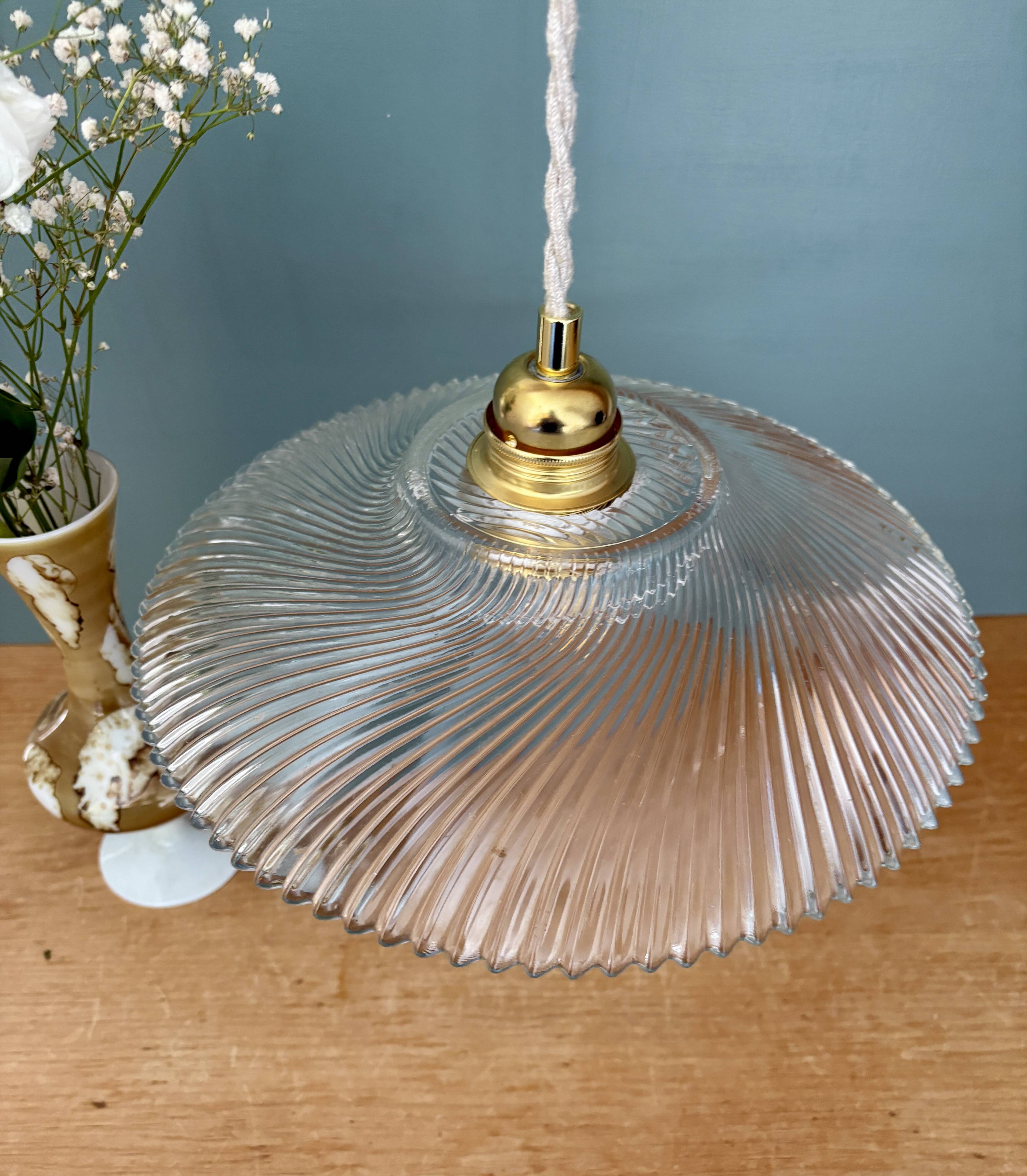 Vintage molded ribbed glass lampshade pendant light - tableware collection -