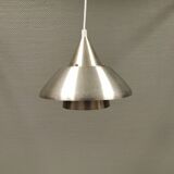 Danish hanging lamp in silver-coloured aluminium with contrasting orange lacquer inside.