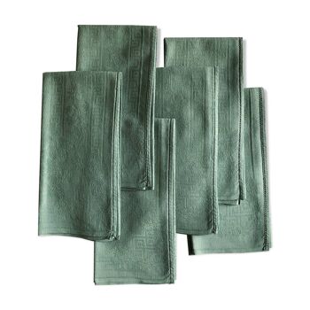 Lot six serviettes anciennes lin et coton teintées vert sauge