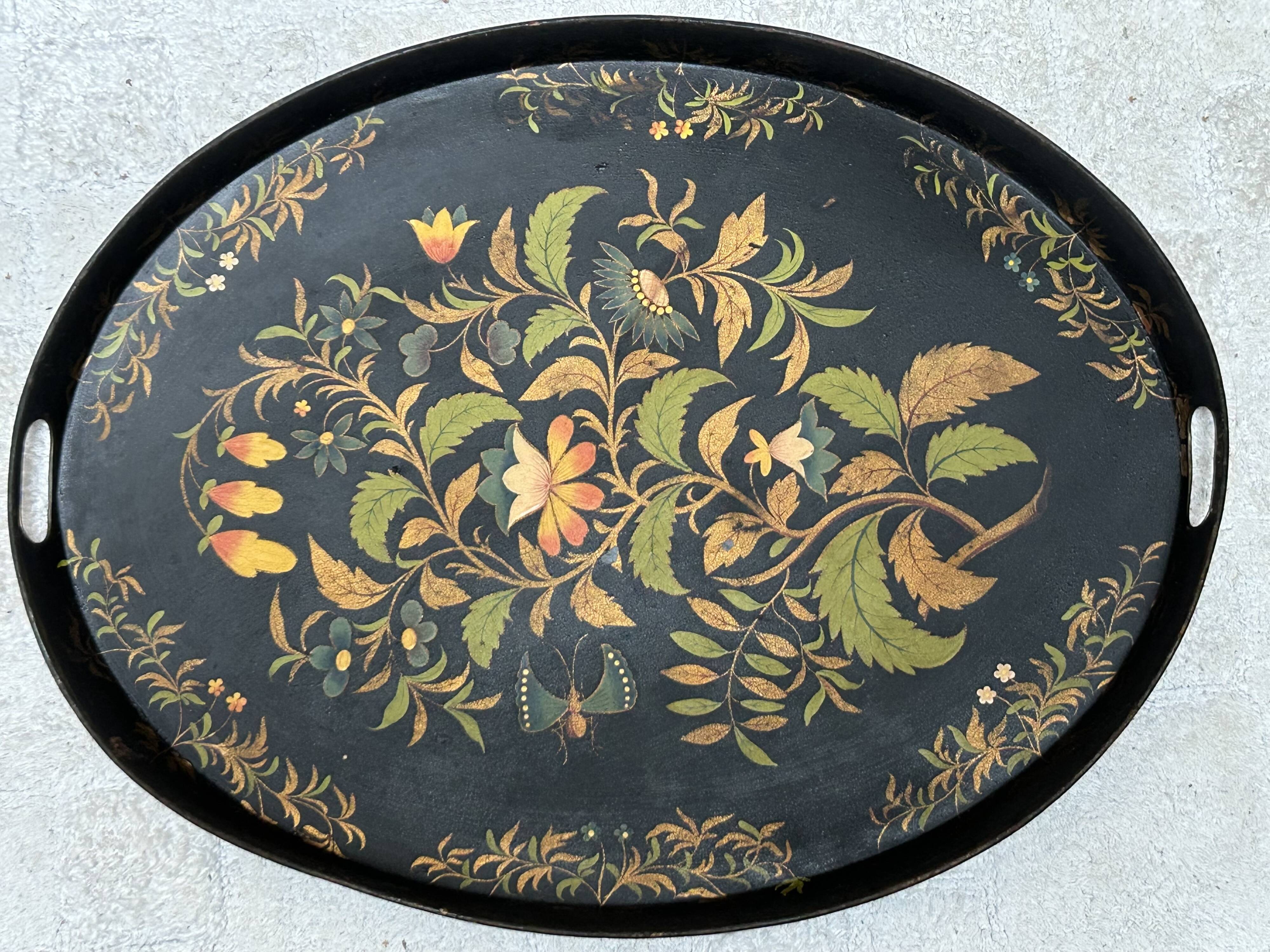 Oval tray, 19th century, hand-painted sheet metal, butterfly & bouquet, Napoleon III
