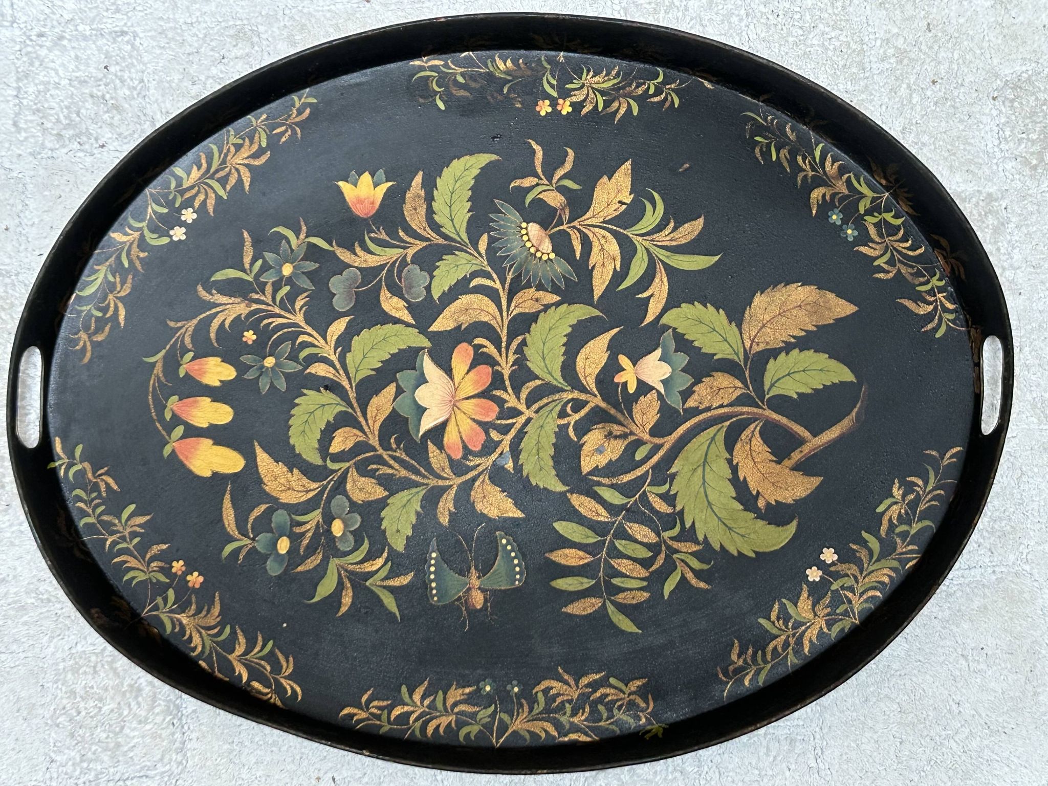Oval tray, 19th century, hand-painted sheet metal, butterfly & bouquet, Napoleon III