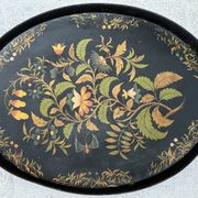 Oval tray, 19th century, hand-painted sheet metal, butterfly & bouquet, Napoleon III