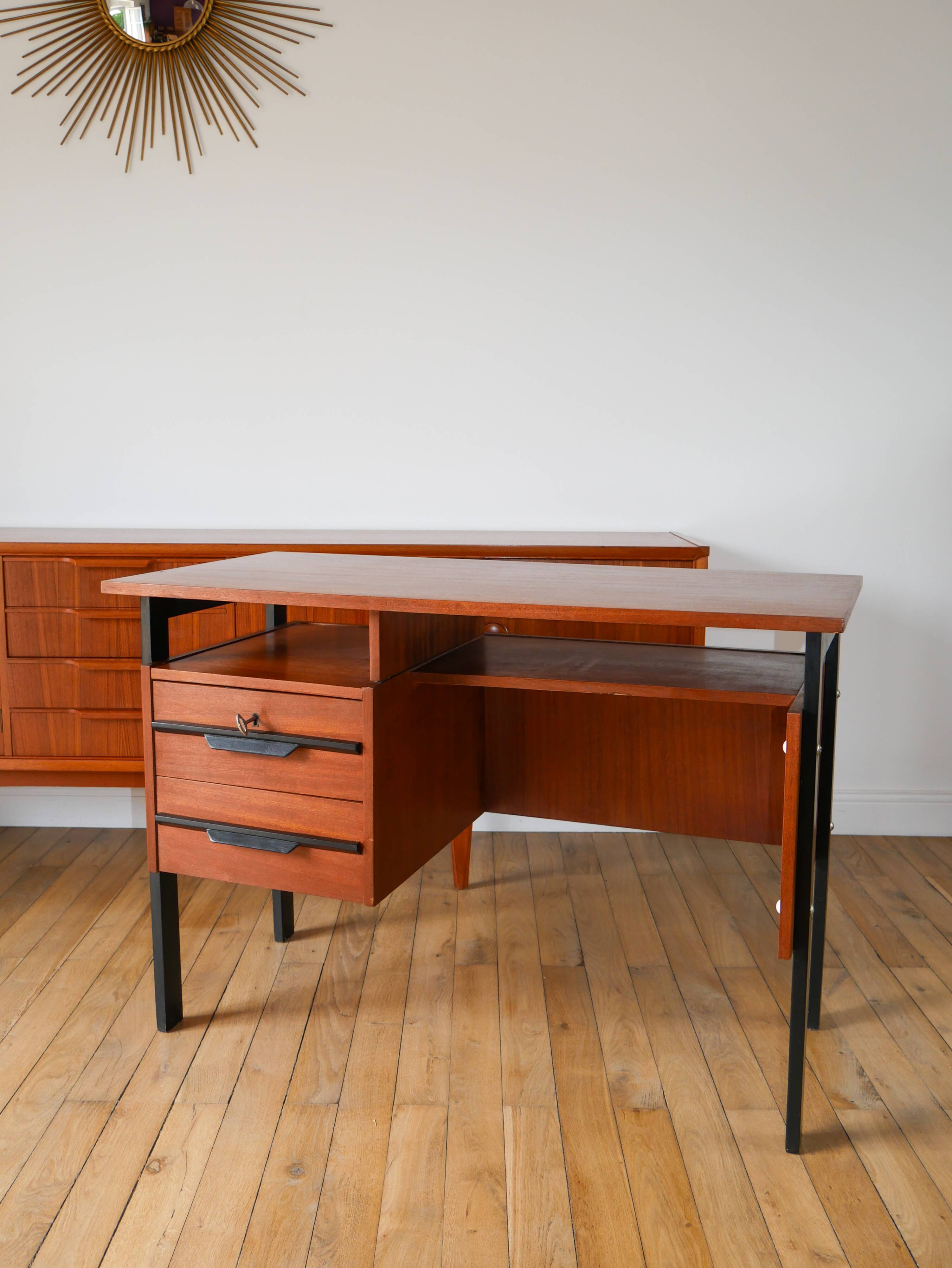 Scandinavian desk in black metal oak veneer, Modernist Design, 1960