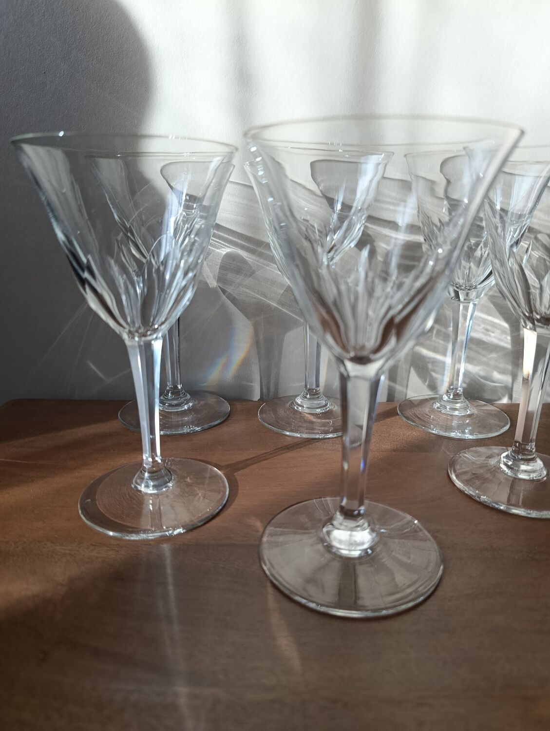 6 crystal water/wine glasses with flat ribs, vintage