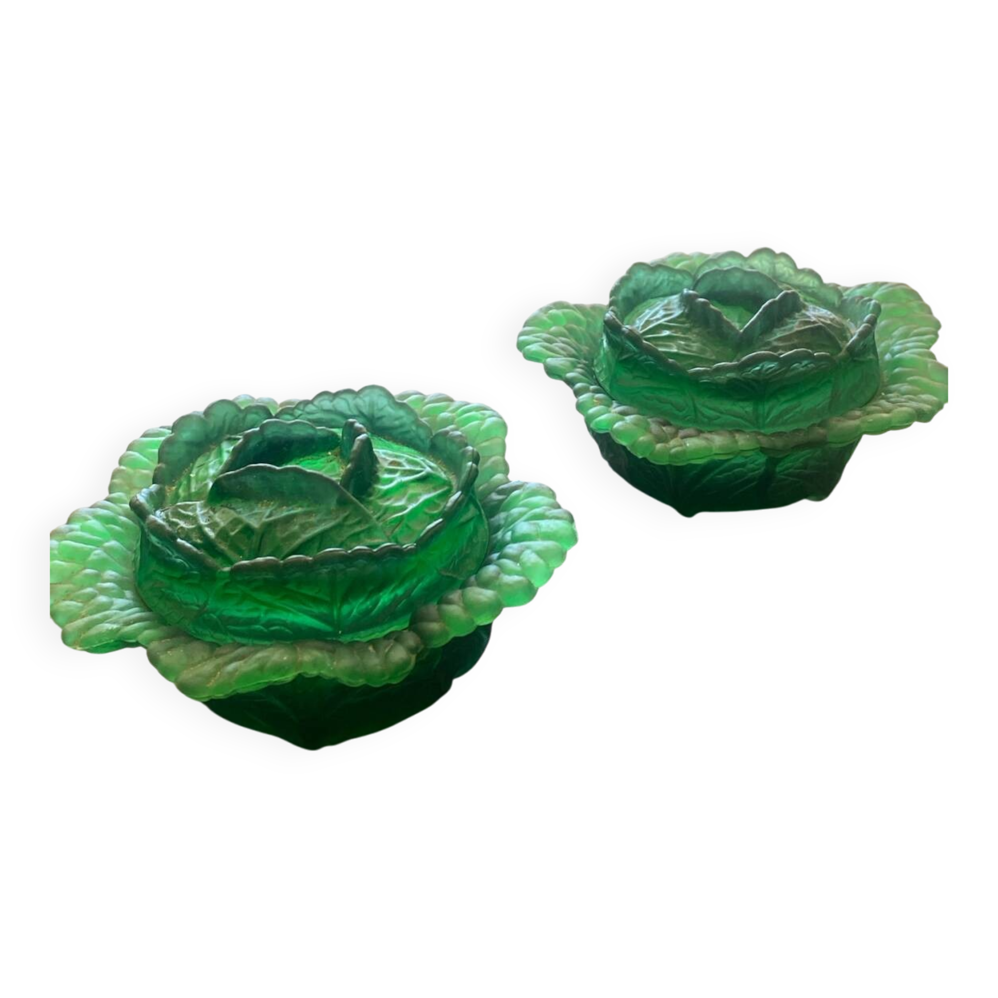 Pair of opaline sweet jars in the shape of a cabbage.