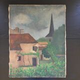 Old painting the village house and its garden